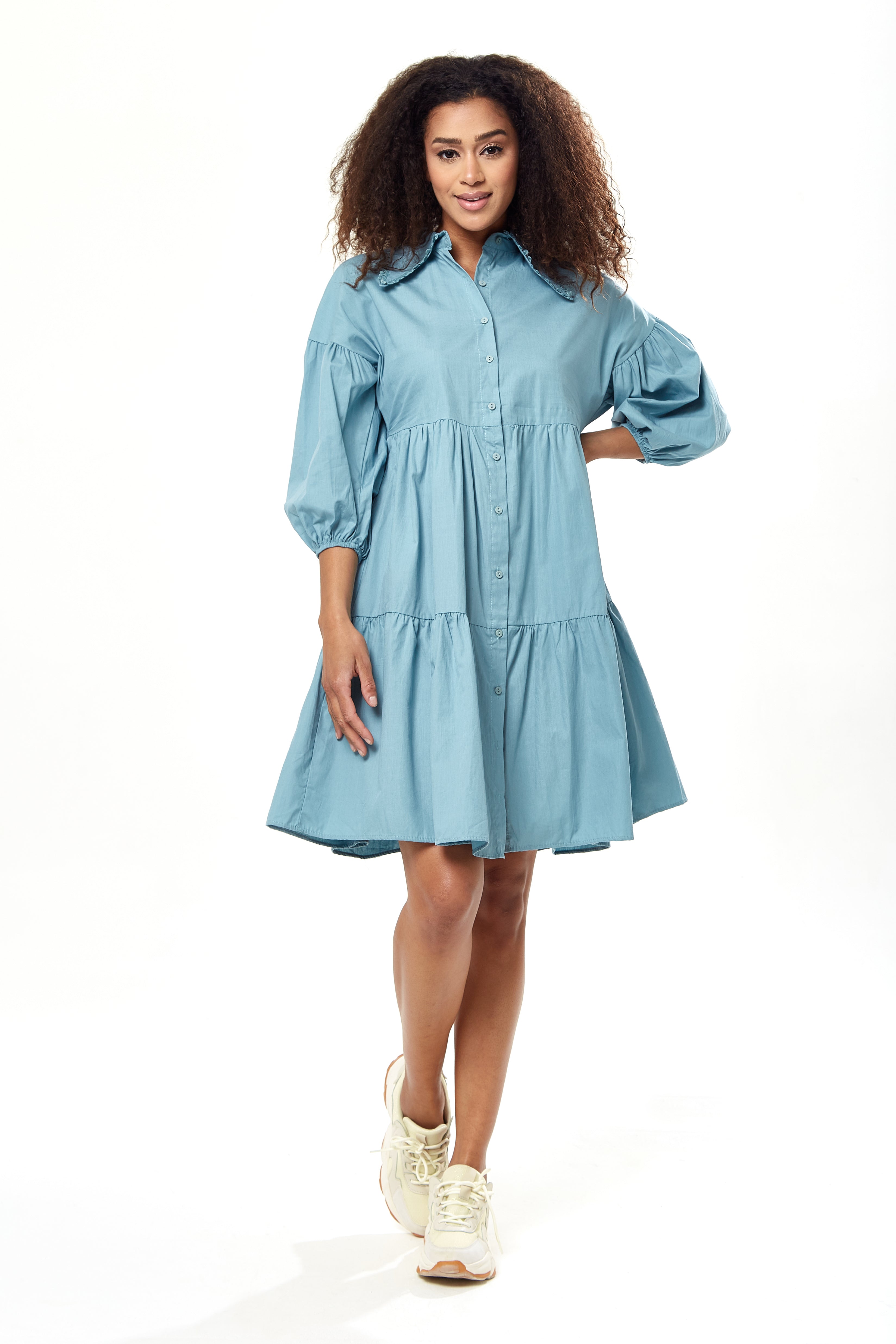 Women's Oversized Midi Shirt Dress, Blue, Button-Up Front, 3/4 Sleeve, Chic Collar