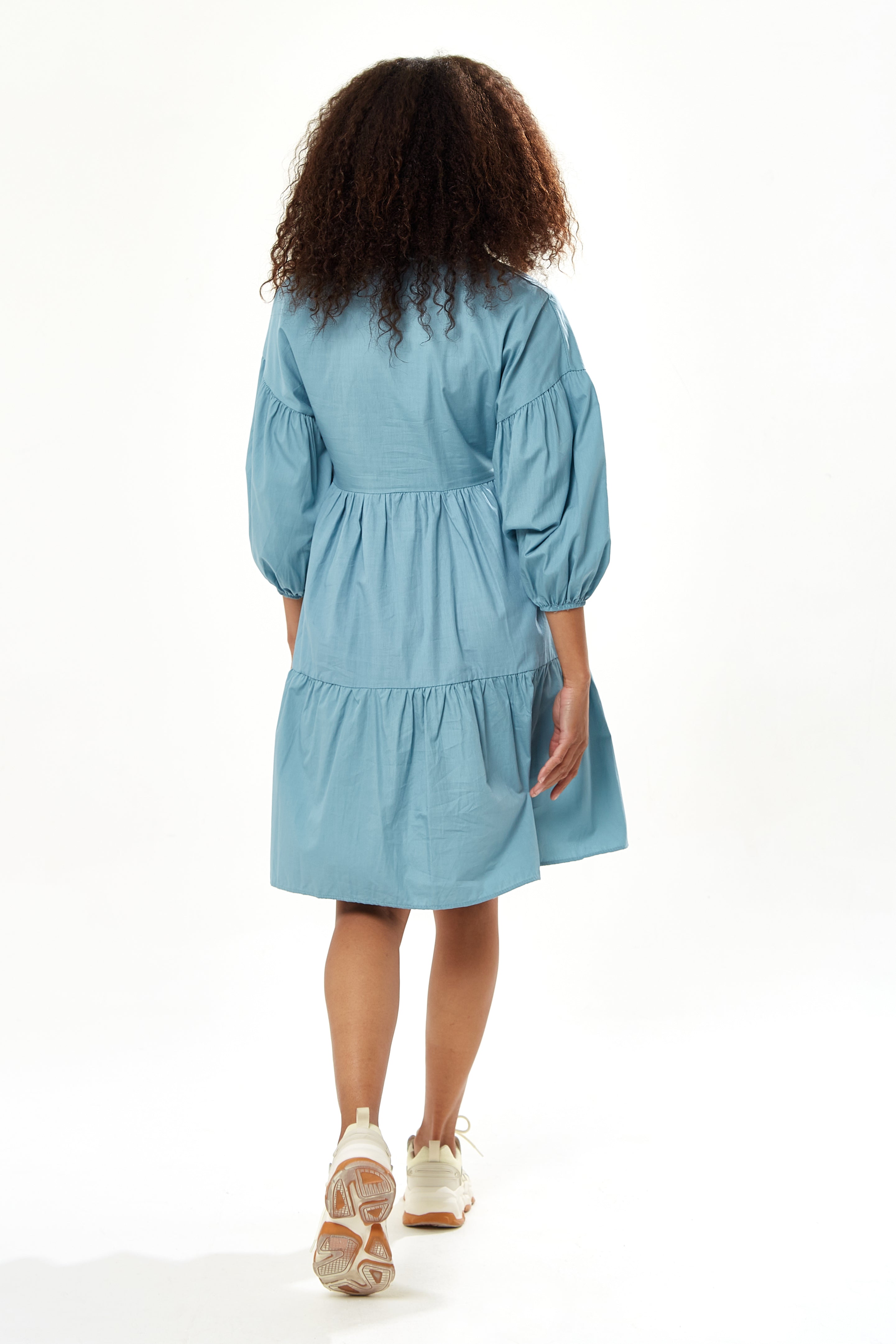 Women's Oversized Midi Shirt Dress, Blue, Button-Up Front, 3/4 Sleeve, Chic Collar