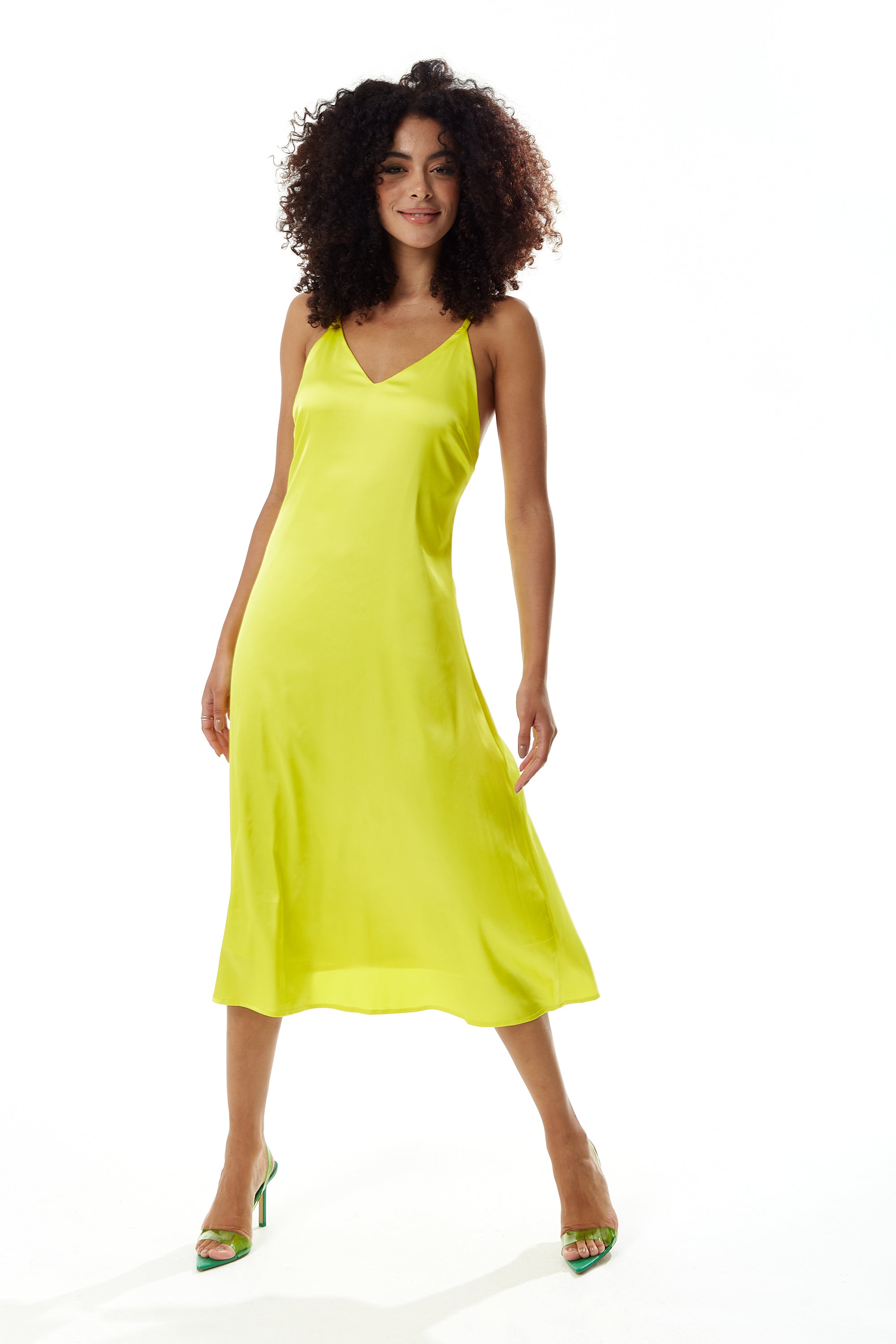 Women's Midi Dress in Yellow Satin with Spaghetti Straps and Deep V Neck - Liquorish