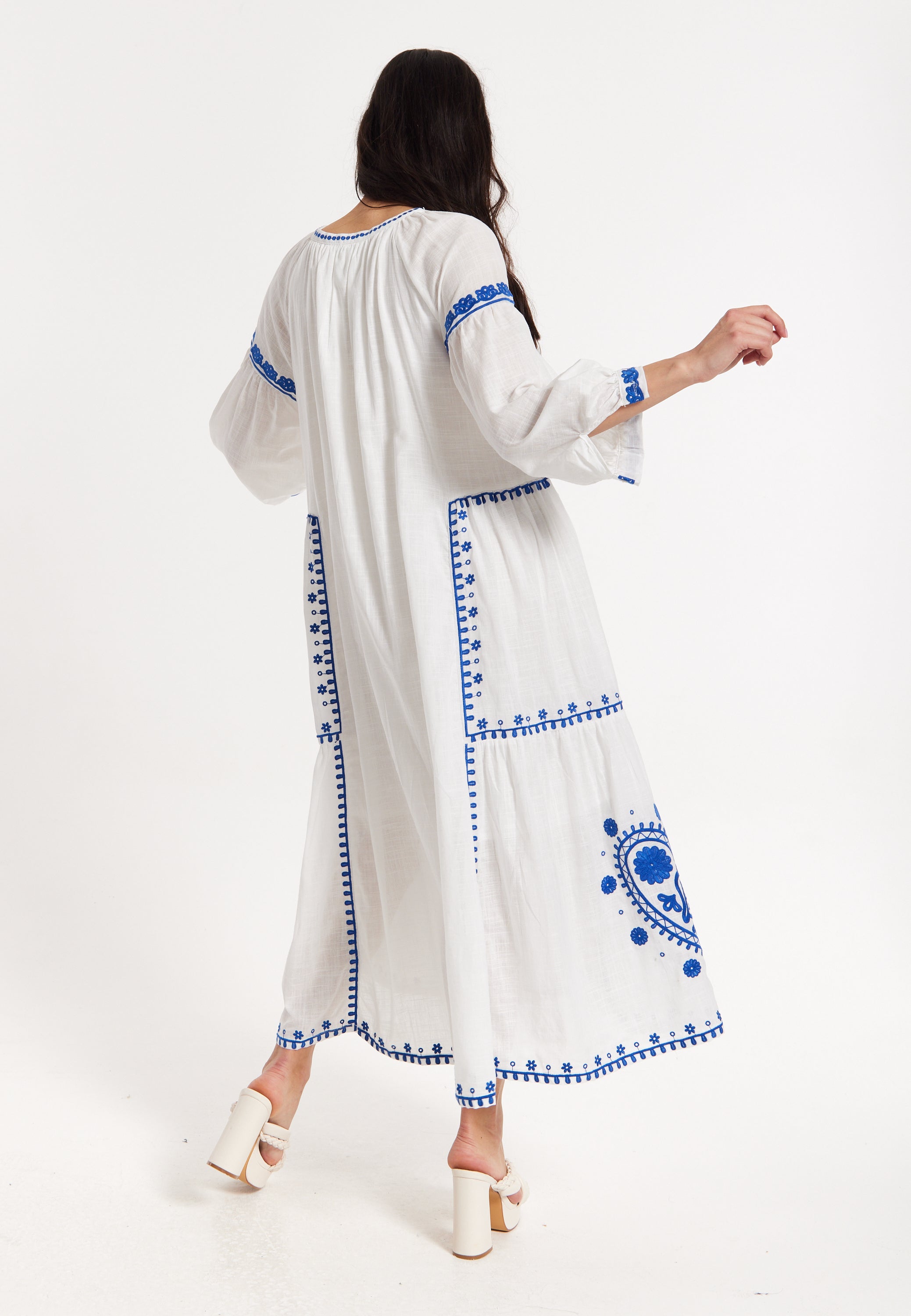 Blue Embroidered White Maxi Dress