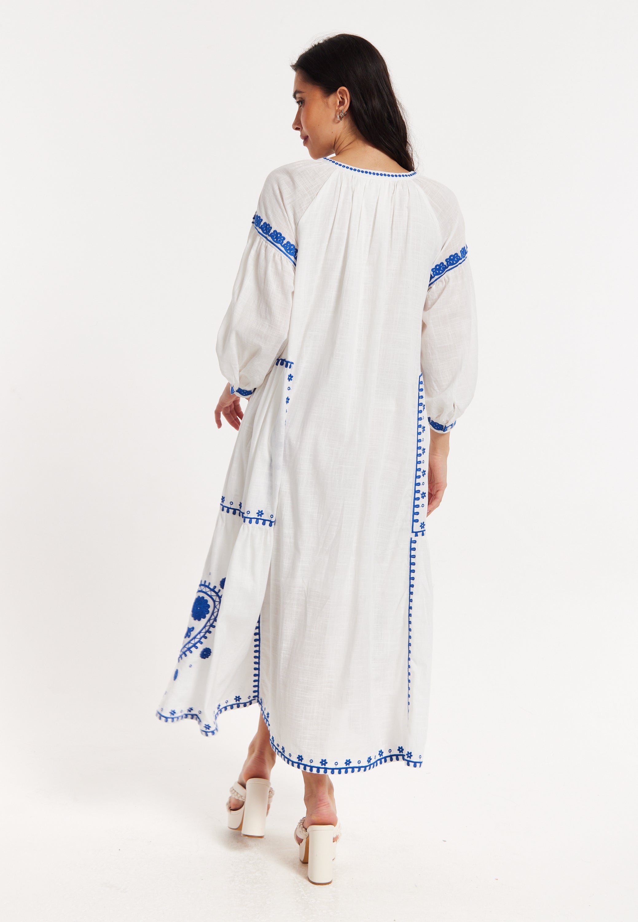 Blue Embroidered White Maxi Dress