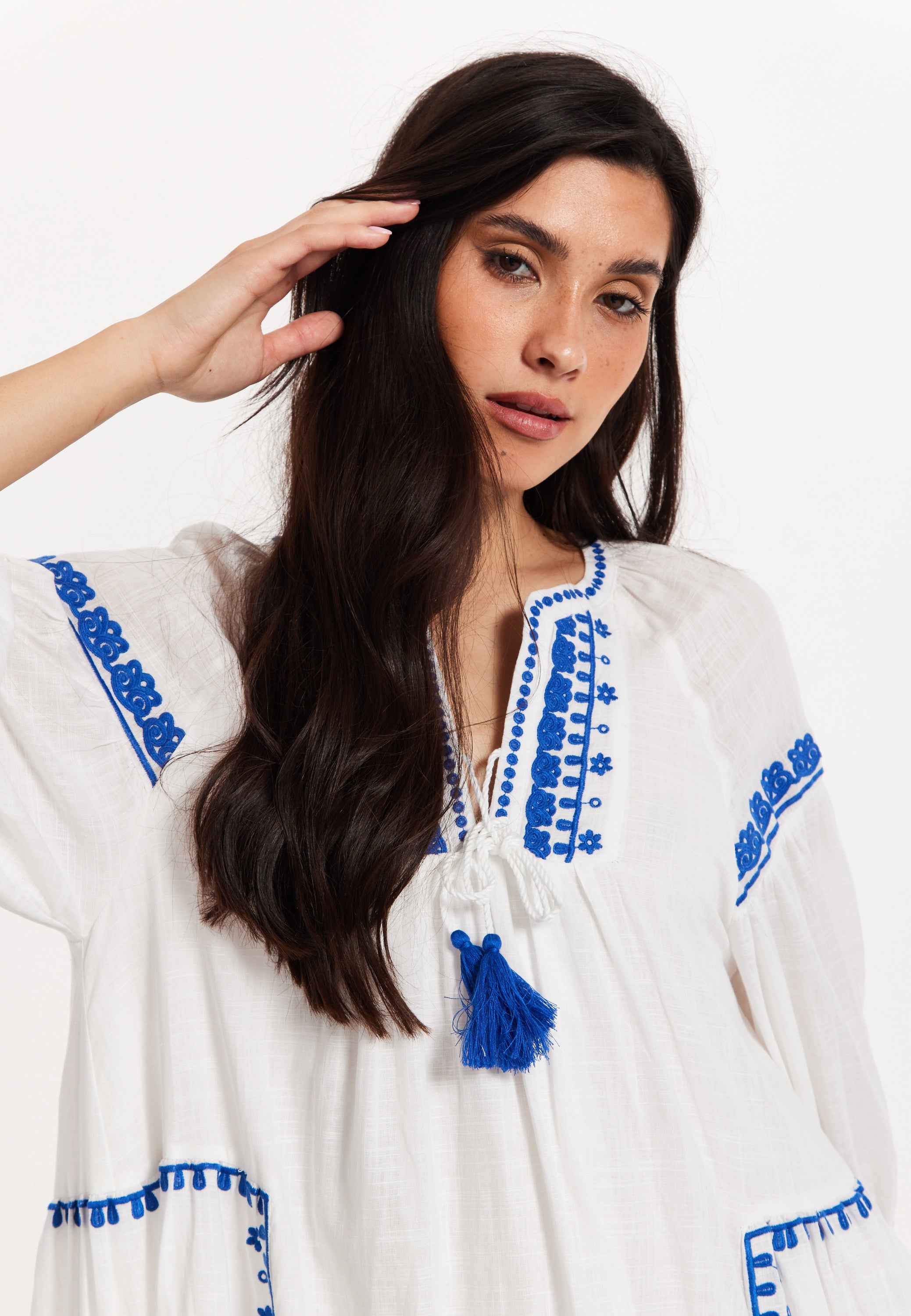 Blue Embroidered White Maxi Dress