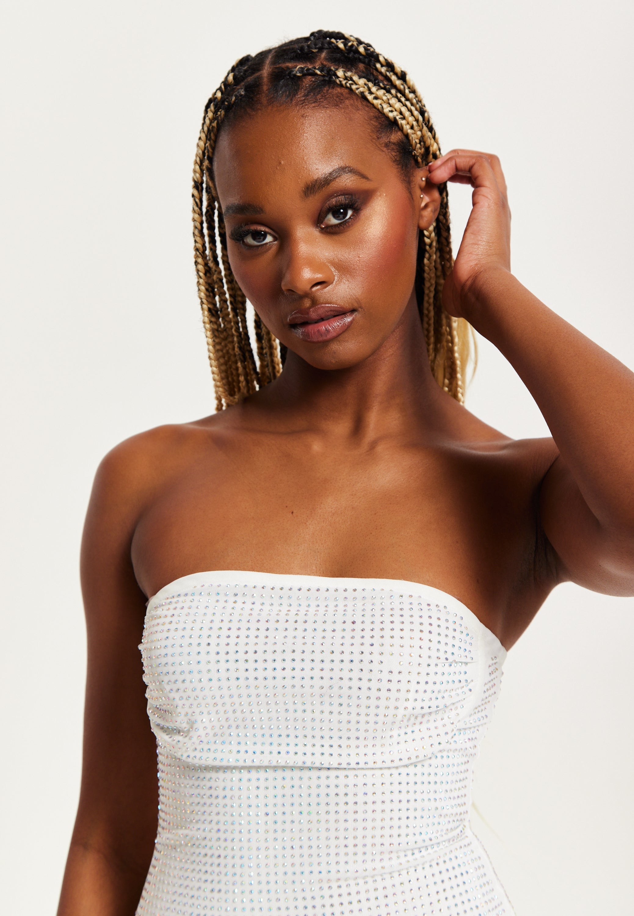 Women's Mini Dress in White with Bandeau Style, Bodycon Fit, and Diamond Mesh Detail - Liquorish