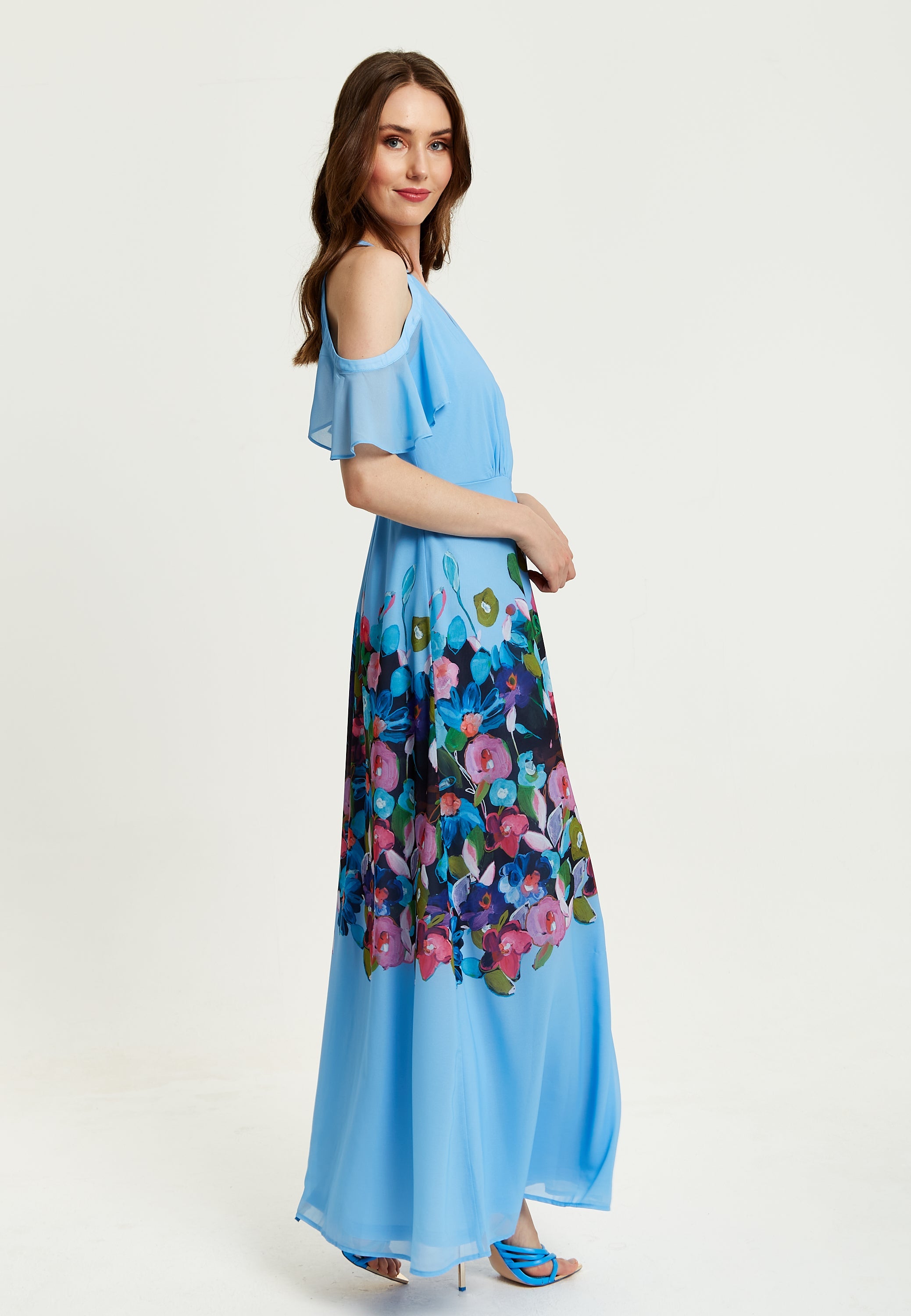 Women's Maxi Dress with Frill Details in Blue, Cold Shoulder and Sleeveless Design, Floral Print - Liquorish