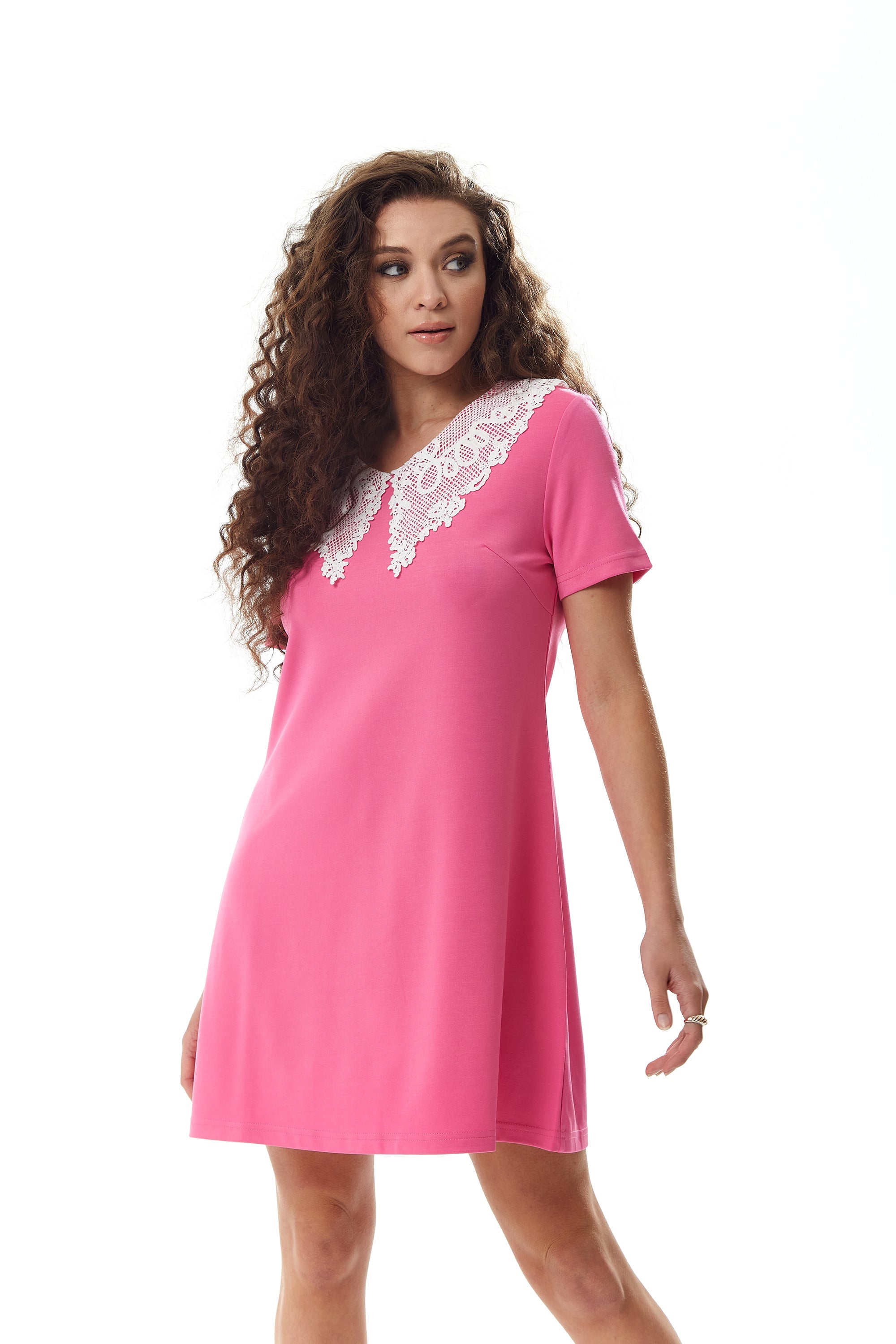 Women's Mini Dress in Pink with Short Sleeves and Lace Collar - Elegant Charm by Liquorish