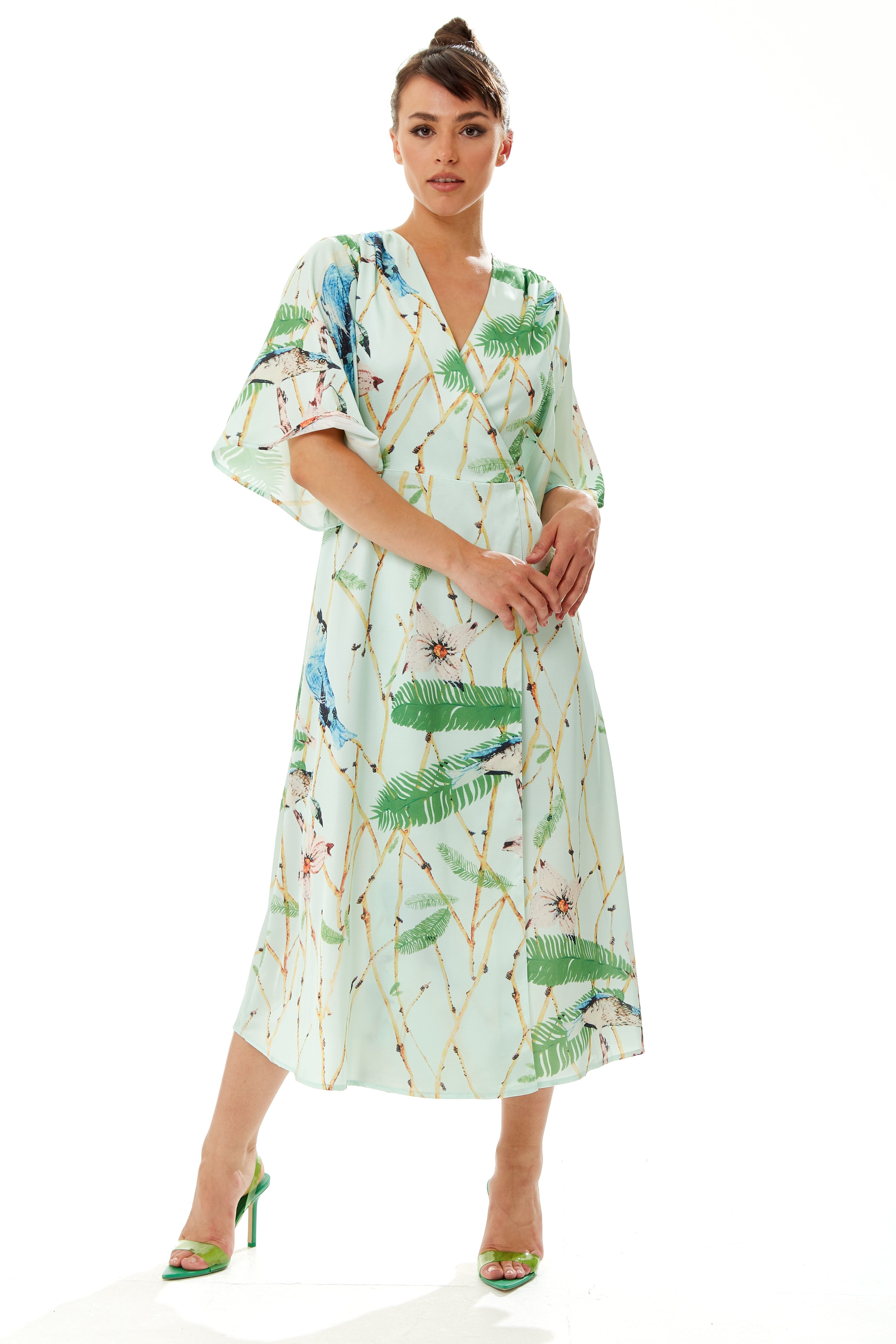 Women's Maxi Dress with Kimono Sleeves in Mint Green - Flattering Wrap Style and Charming Bird Print by Liquorish