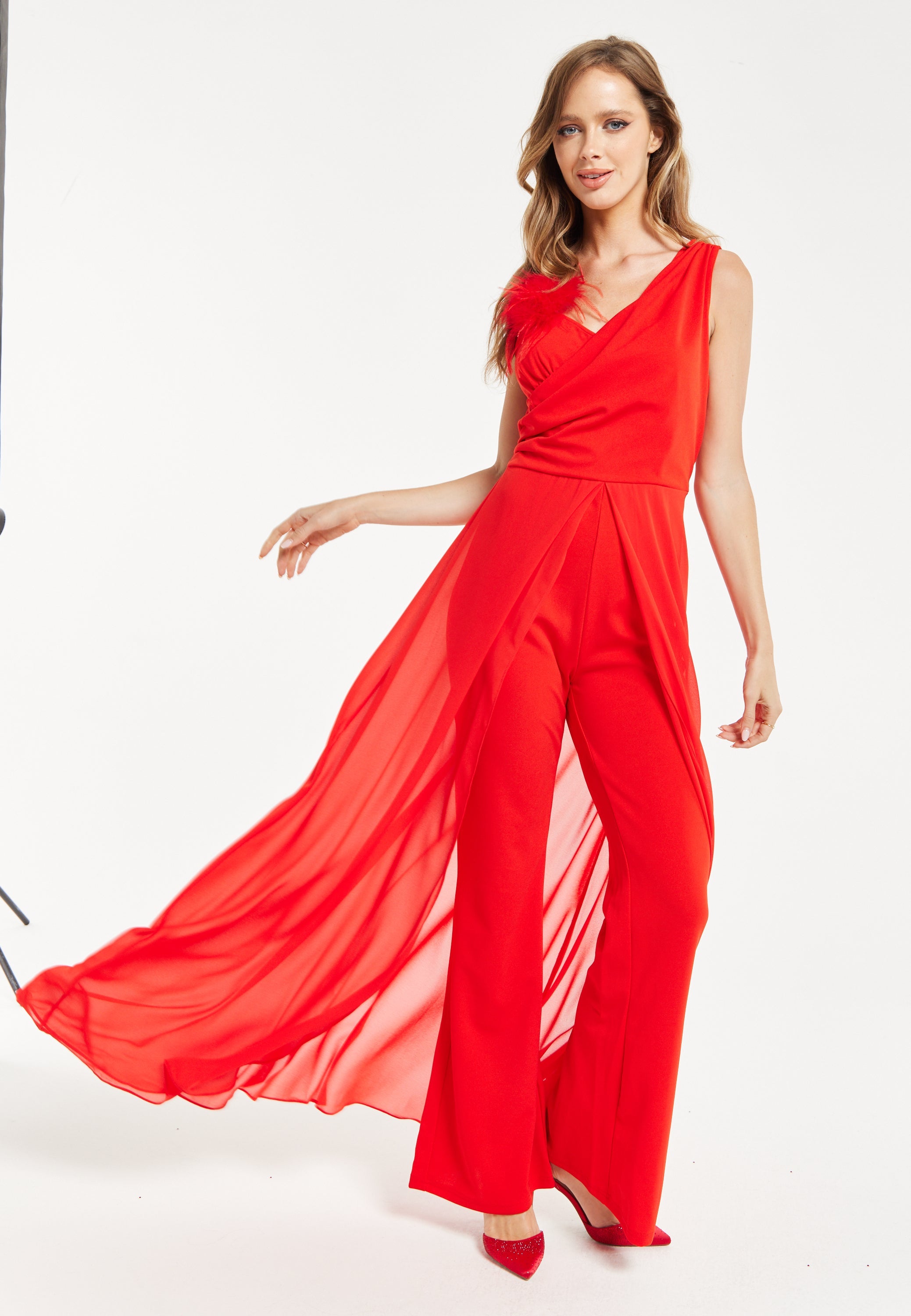 Women’s Red Sleeveless Jumpsuit with Sheer Overlay for Elegant Evening Wear - Liquorish