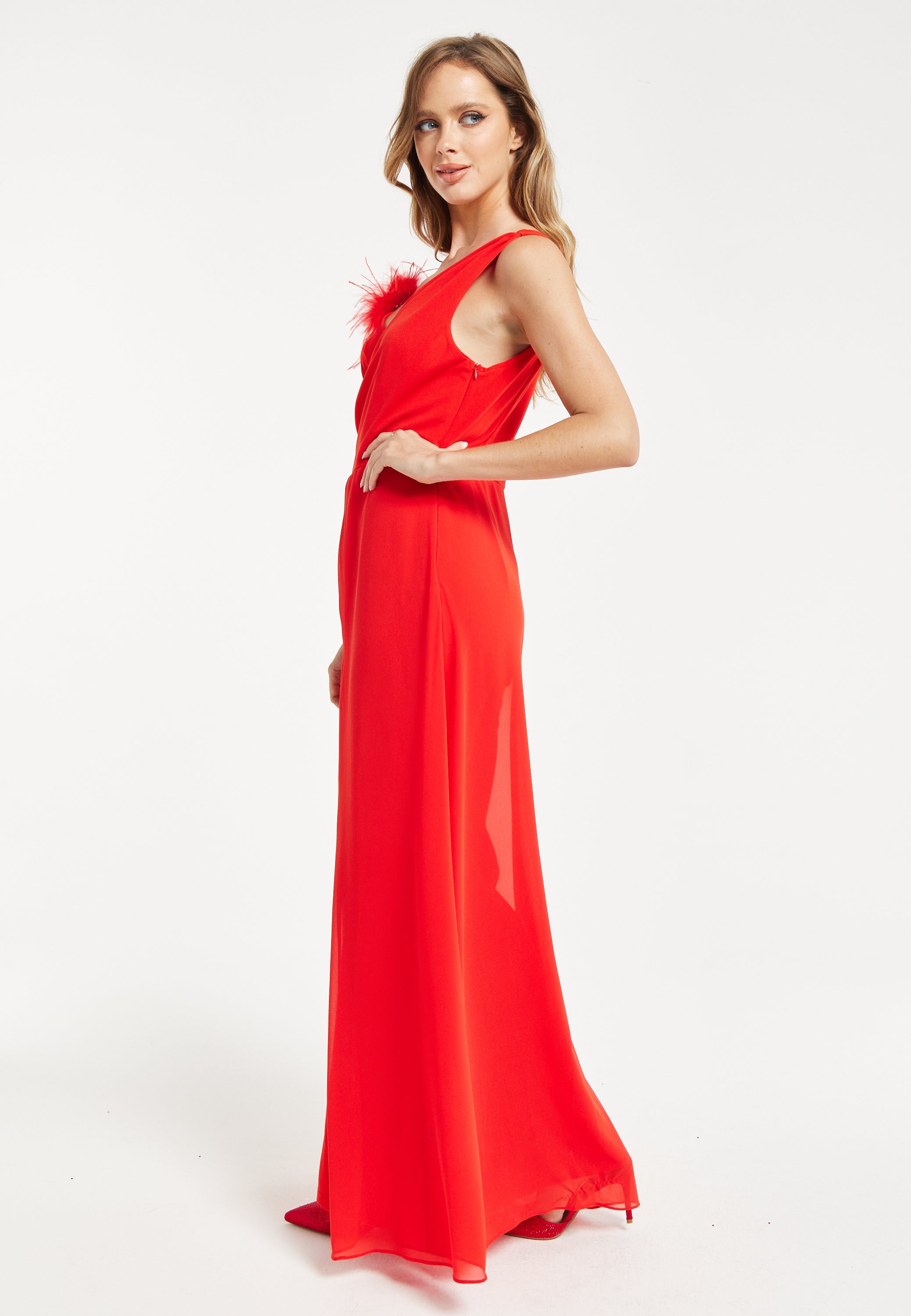 Women’s Red Sleeveless Jumpsuit with Sheer Overlay for Elegant Evening Wear - Liquorish