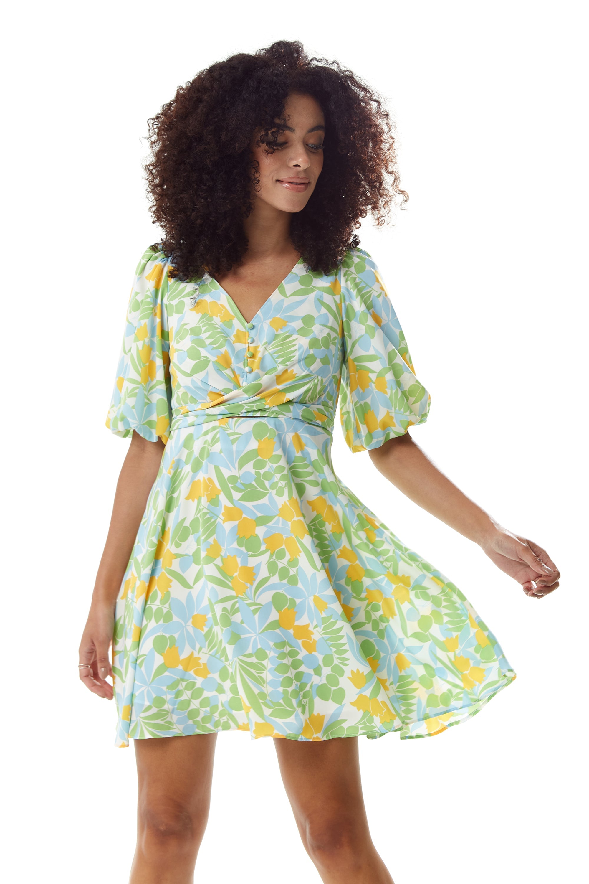 Women's Mini Dress, Yellow Floral Print, V Neck, Balloon Sleeves, Tie Waist, Chic Summer Style