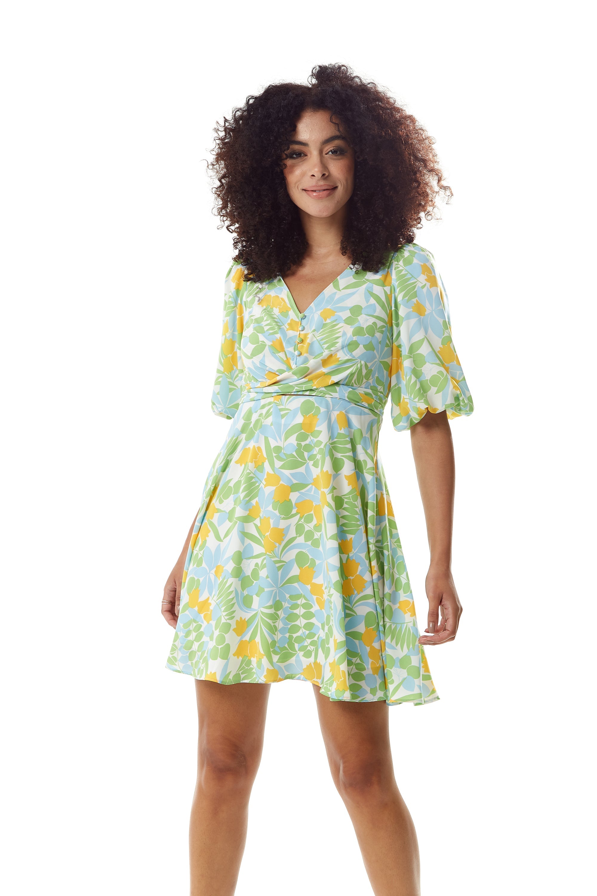 Women's Mini Dress, Yellow Floral Print, V Neck, Balloon Sleeves, Tie Waist, Chic Summer Style