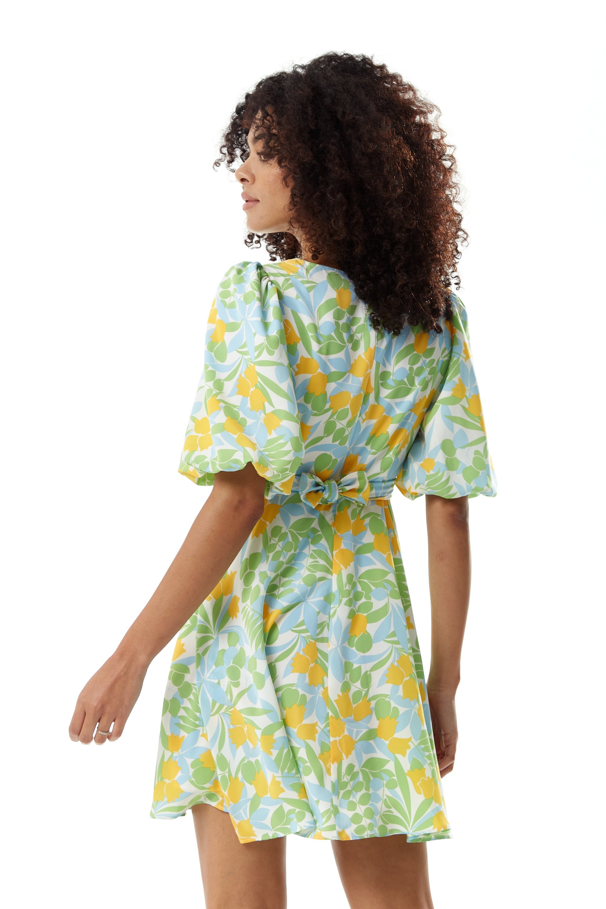 Women's Mini Dress, Yellow Floral Print, V Neck, Balloon Sleeves, Tie Waist, Chic Summer Style