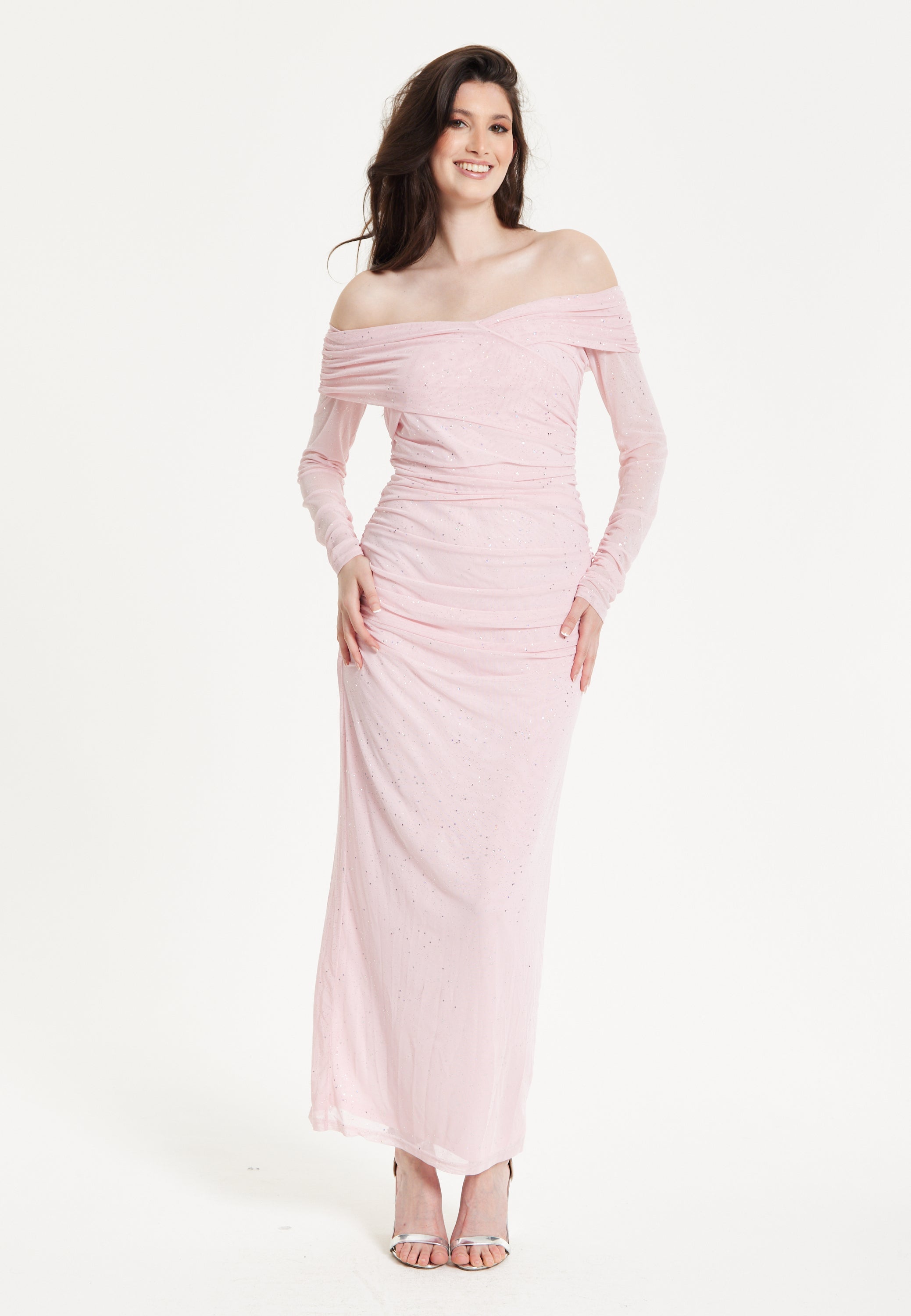 Blush Off-Shoulder Ruched Maxi Dress