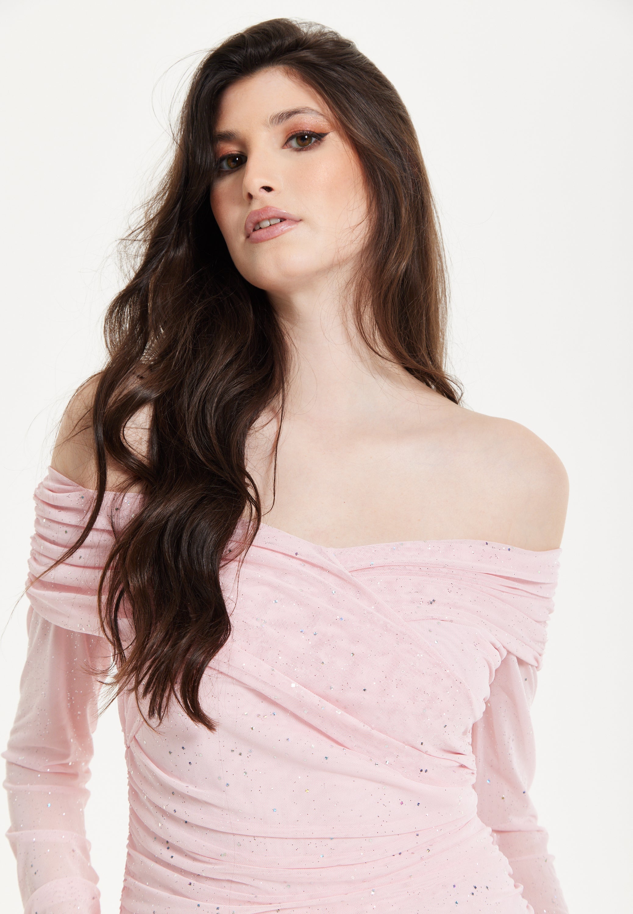 Blush Off-Shoulder Ruched Maxi Dress