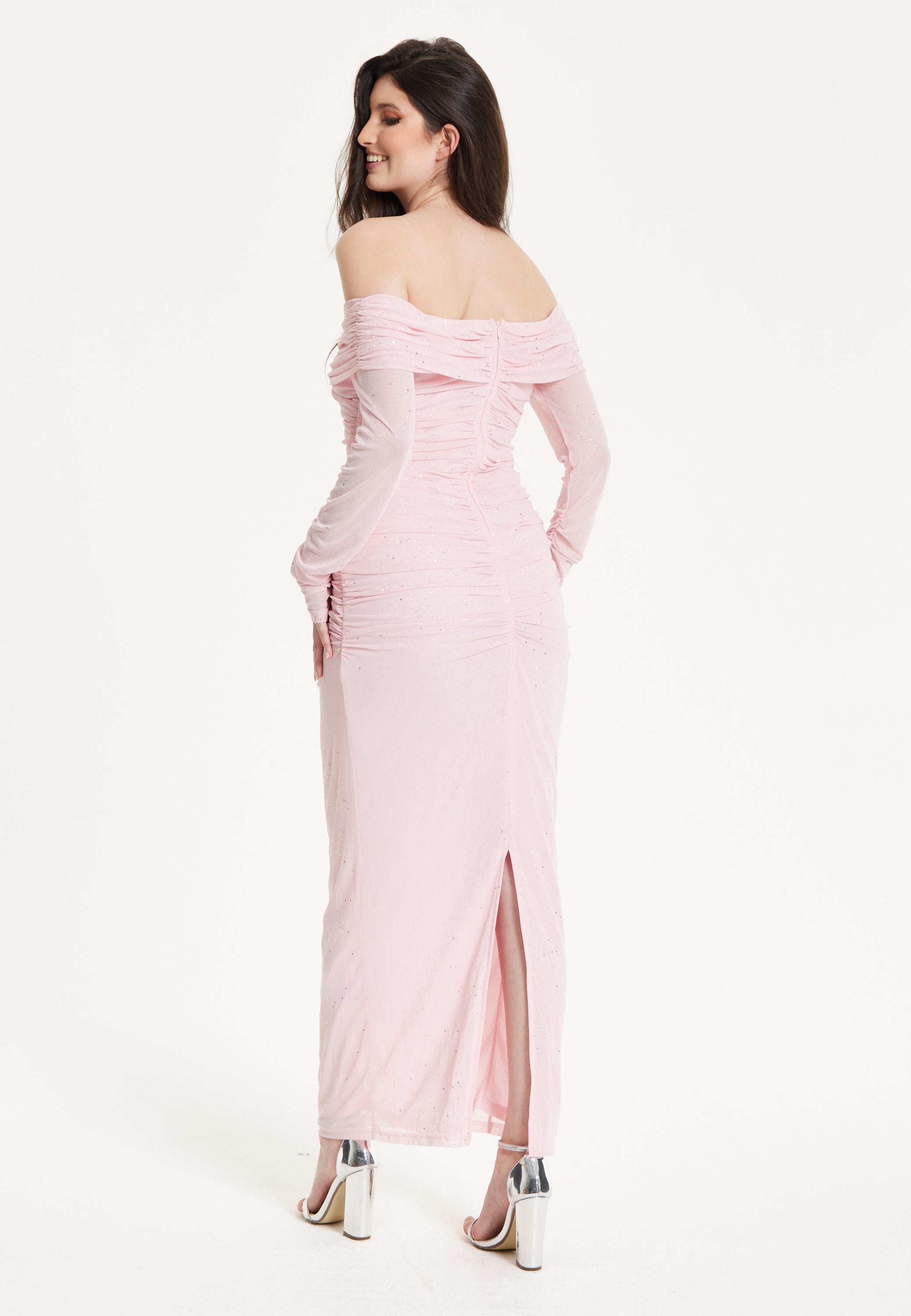Blush Off-Shoulder Ruched Maxi Dress