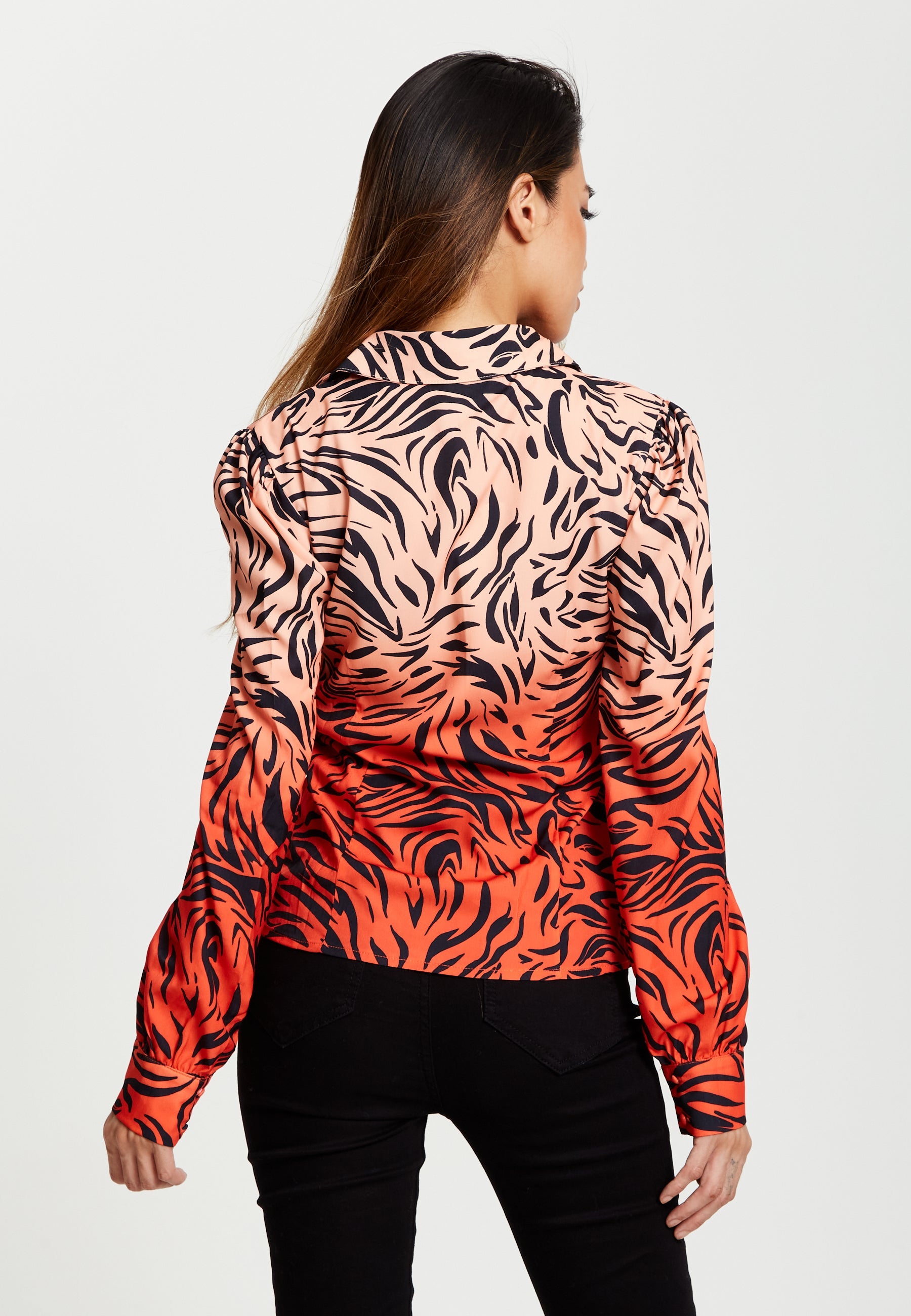 Women's Zebra Print Shirt With Accentuated 70's Collar Detail In Orange And Nude - Long Sleeves, Side Pocket