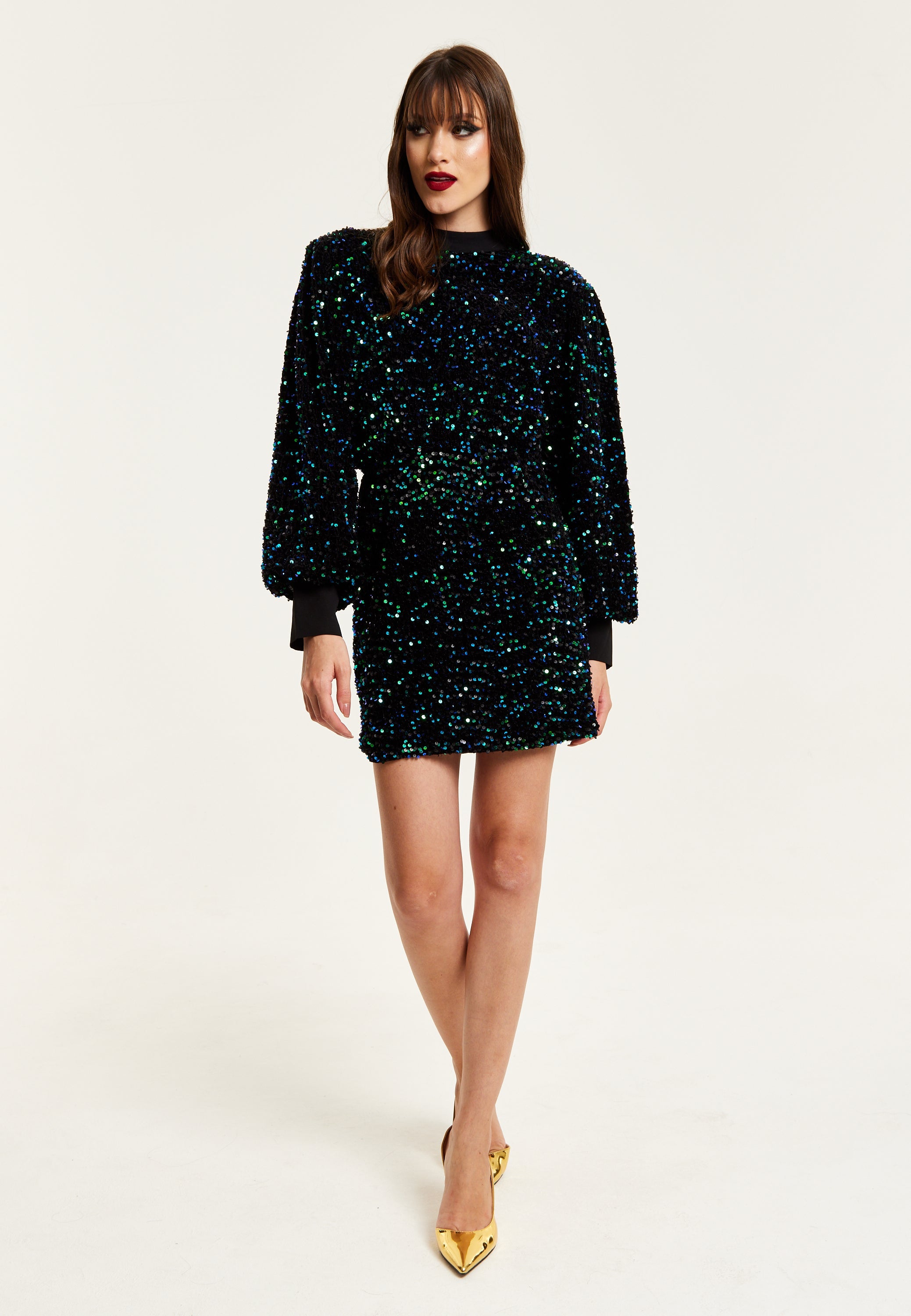 Women's Mini Dress in Black Velvet with Green and Blue Sequins, Long Sleeves, Stylish Open Back - Liquorish
