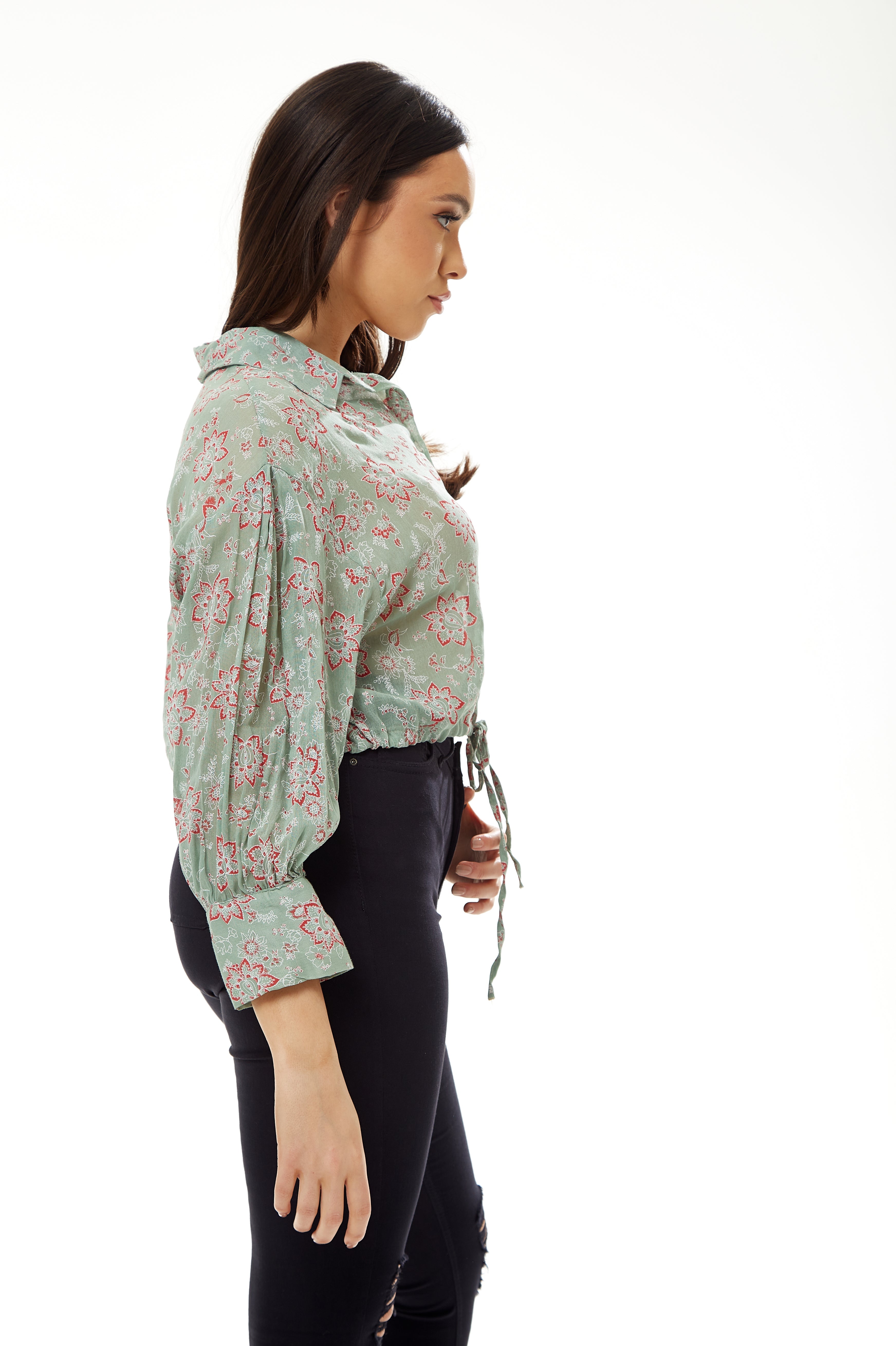 Women's Floral Print Crop Shirt in Mint Green - Painterly print, cropped style, long sleeves, tie waist.