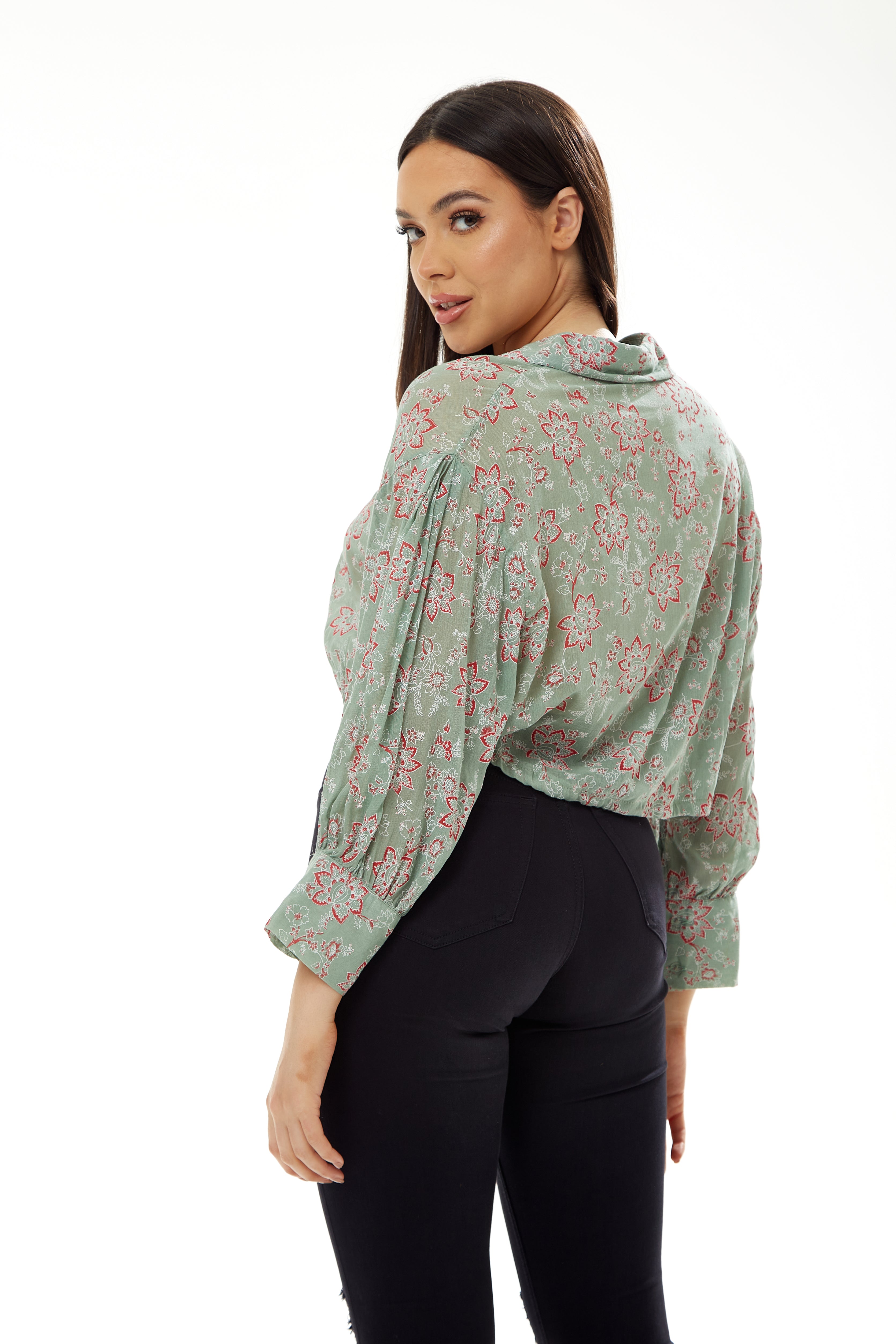 Women's Floral Print Crop Shirt in Mint Green - Painterly print, cropped style, long sleeves, tie waist.