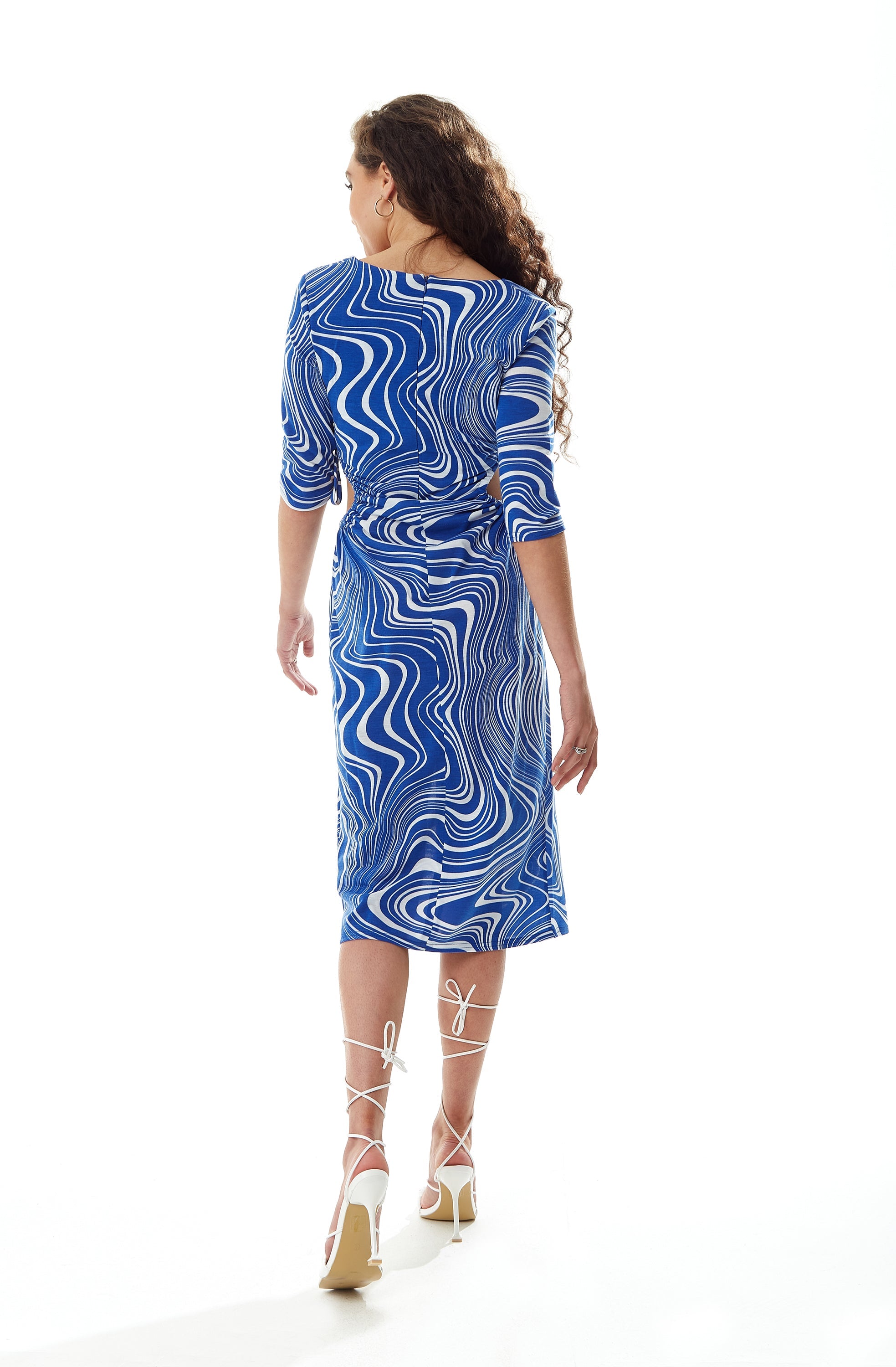 Women's Midi Dress in Blue with Cut Out Details and 3/4 Sleeves - Liquorish