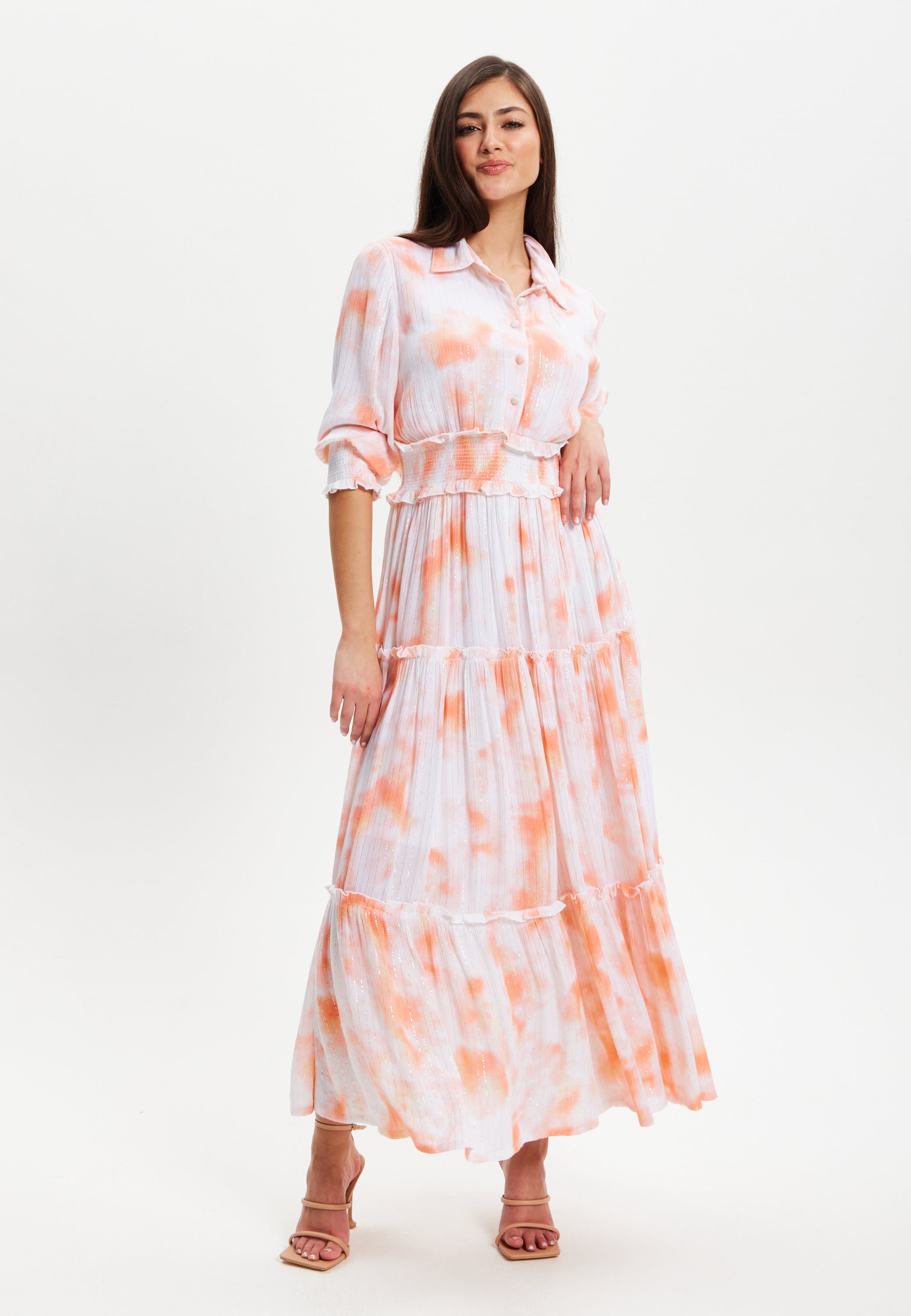 Women's Maxi Dress with Elasticated Waist, Short Sleeves, and Vibrant Orange Dip Dye Design
