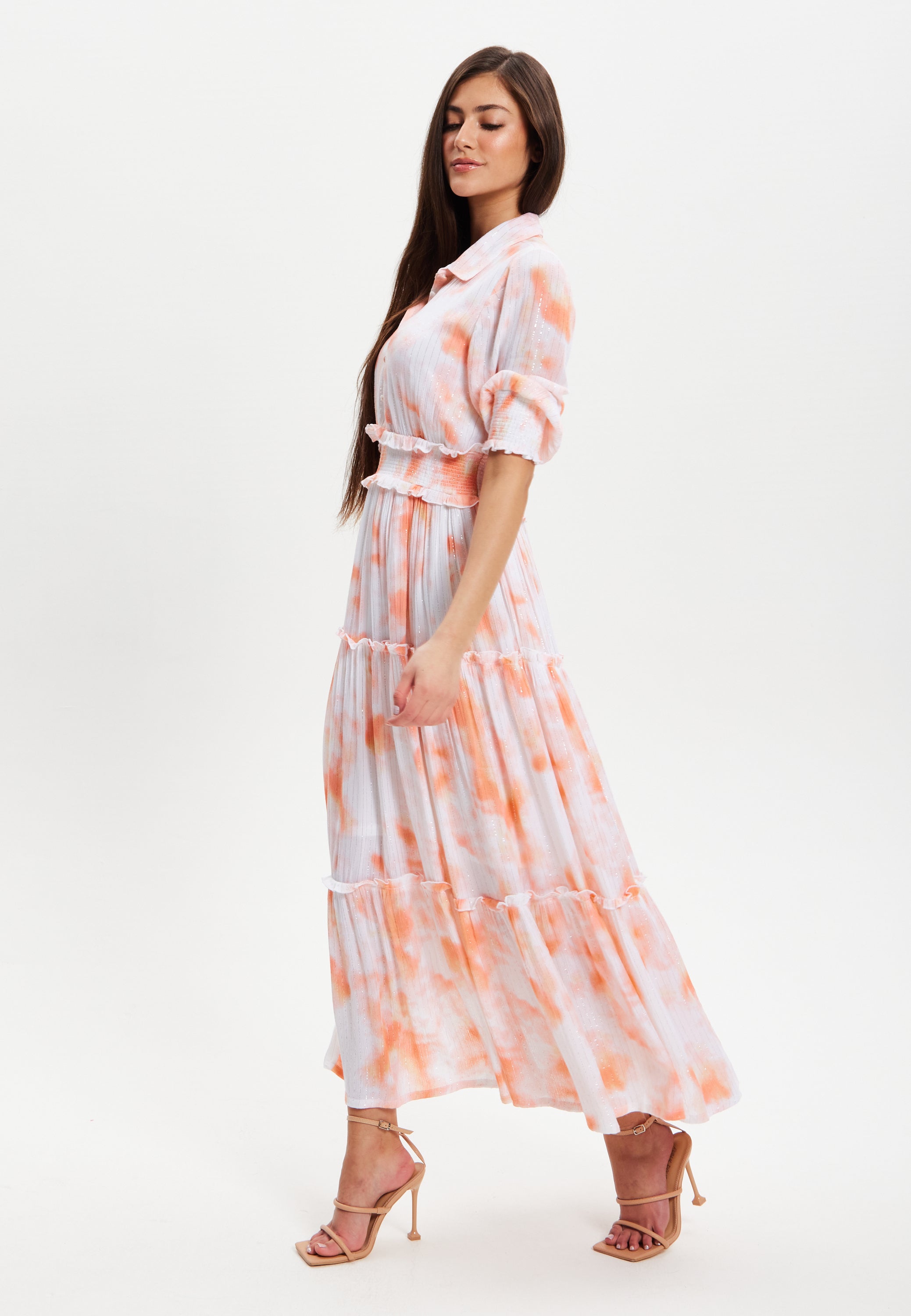 Women's Maxi Dress with Elasticated Waist, Short Sleeves, and Vibrant Orange Dip Dye Design