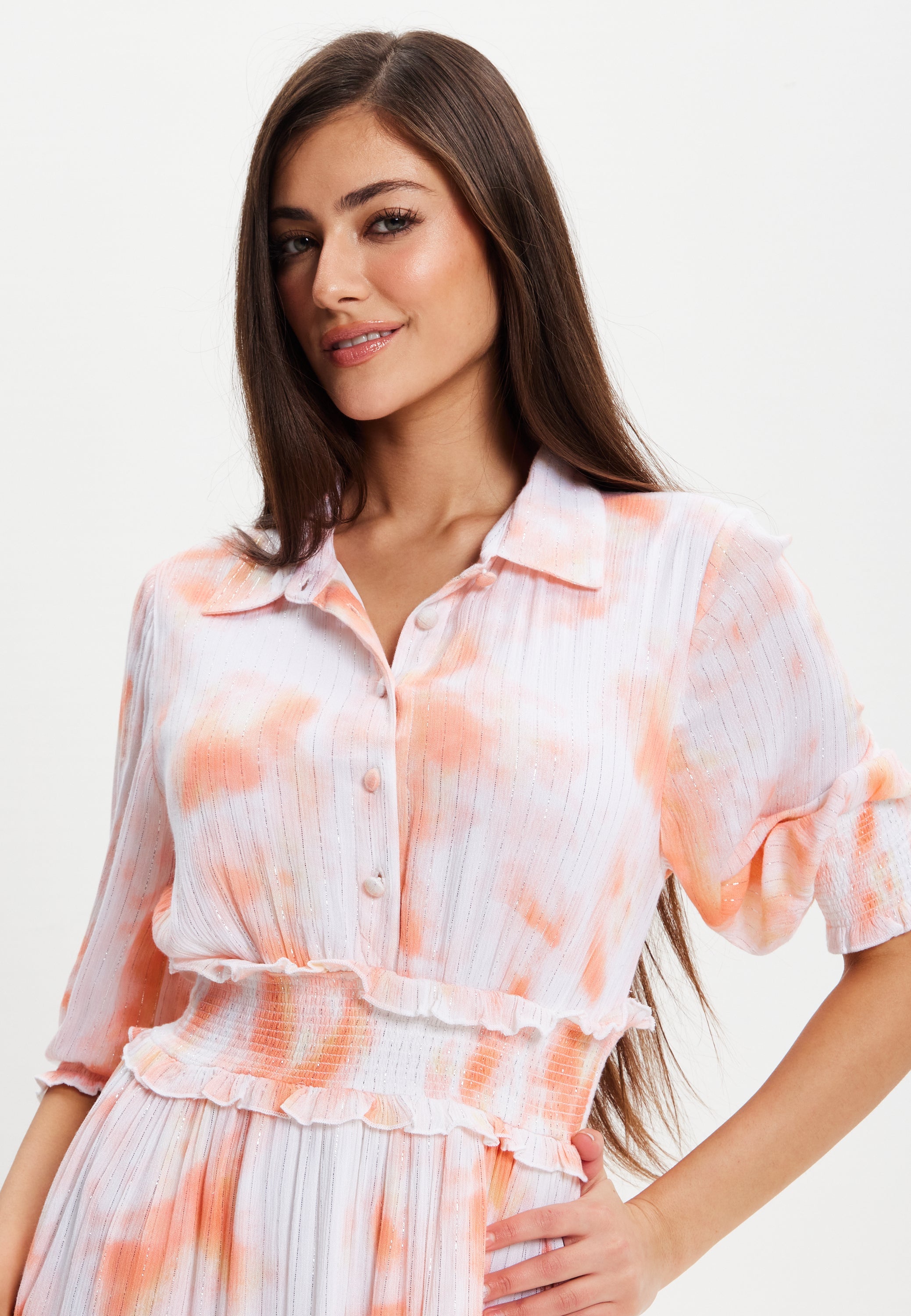 Women's Maxi Dress with Elasticated Waist, Short Sleeves, and Vibrant Orange Dip Dye Design