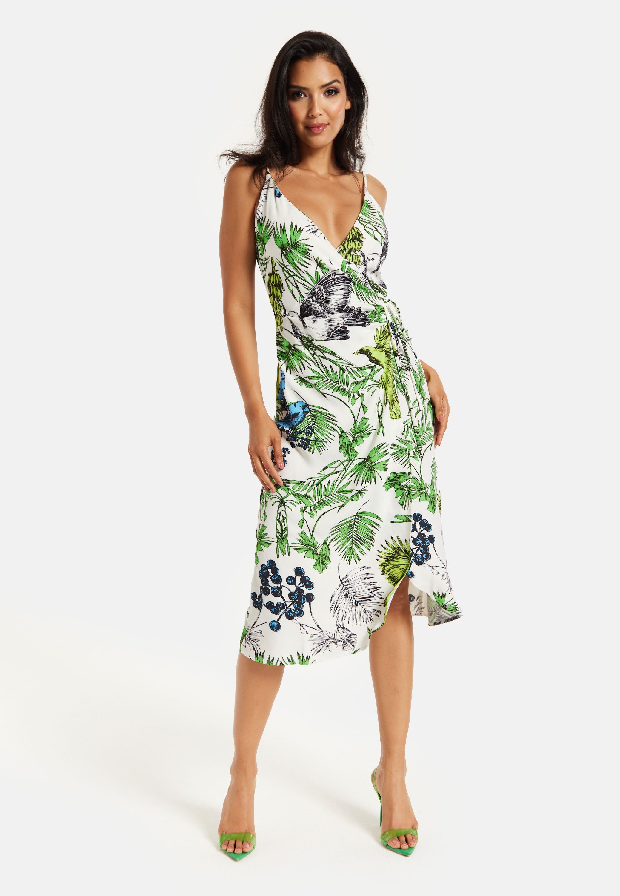Women's Midi Dress in Floral and Bird Print with V Neck and Tie Waist, Regular Fit, Short Sleeves - Liquorish