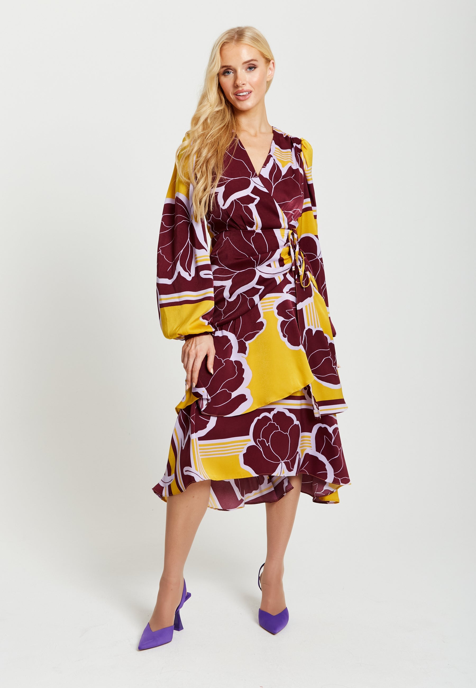 Women's Midi Wrap Dress in Mustard and Burgundy with Long Balloon Sleeves - Elegant Satin by Liquorish