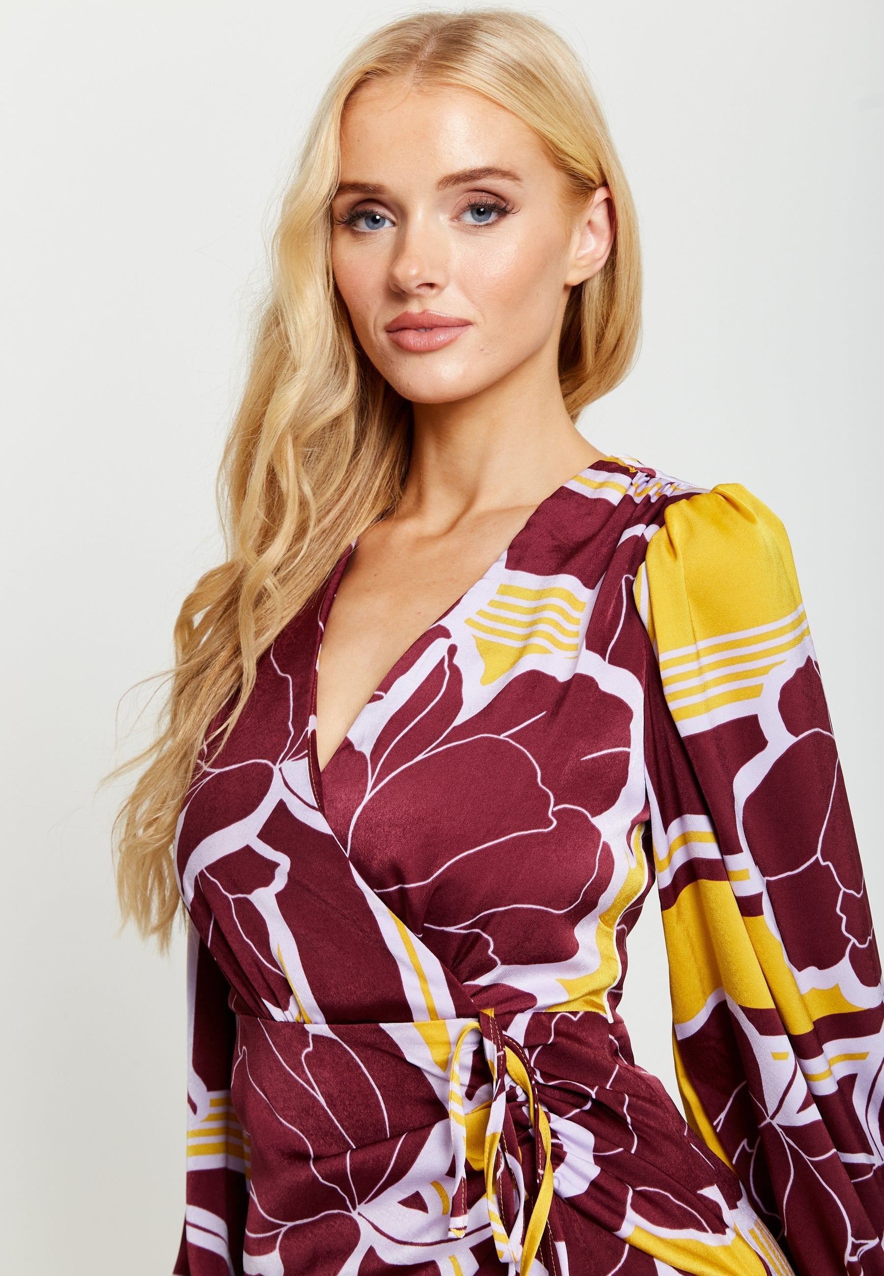 Women's Midi Wrap Dress in Mustard and Burgundy with Long Balloon Sleeves - Elegant Satin by Liquorish