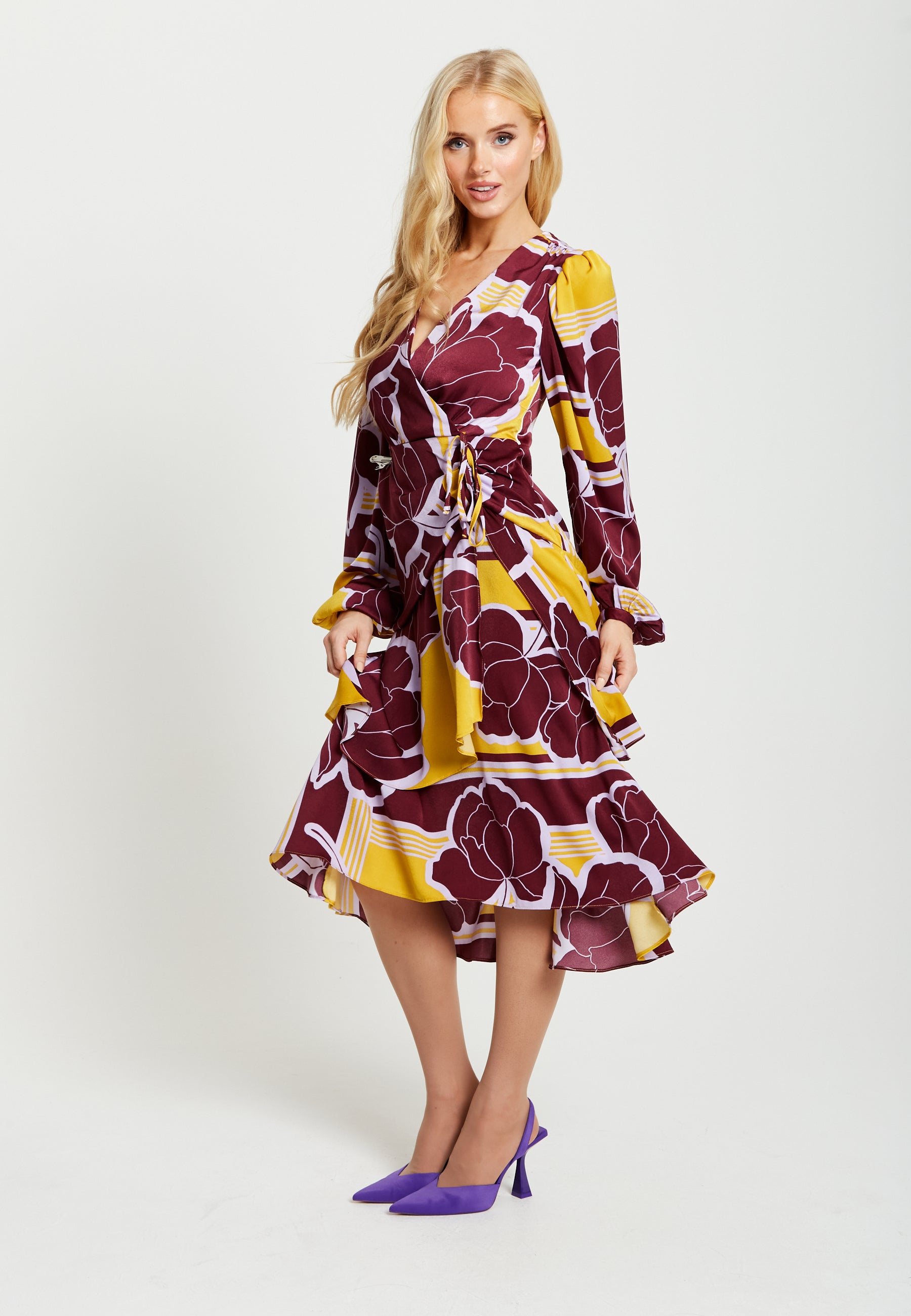 Women's Midi Wrap Dress in Mustard and Burgundy with Long Balloon Sleeves - Elegant Satin by Liquorish