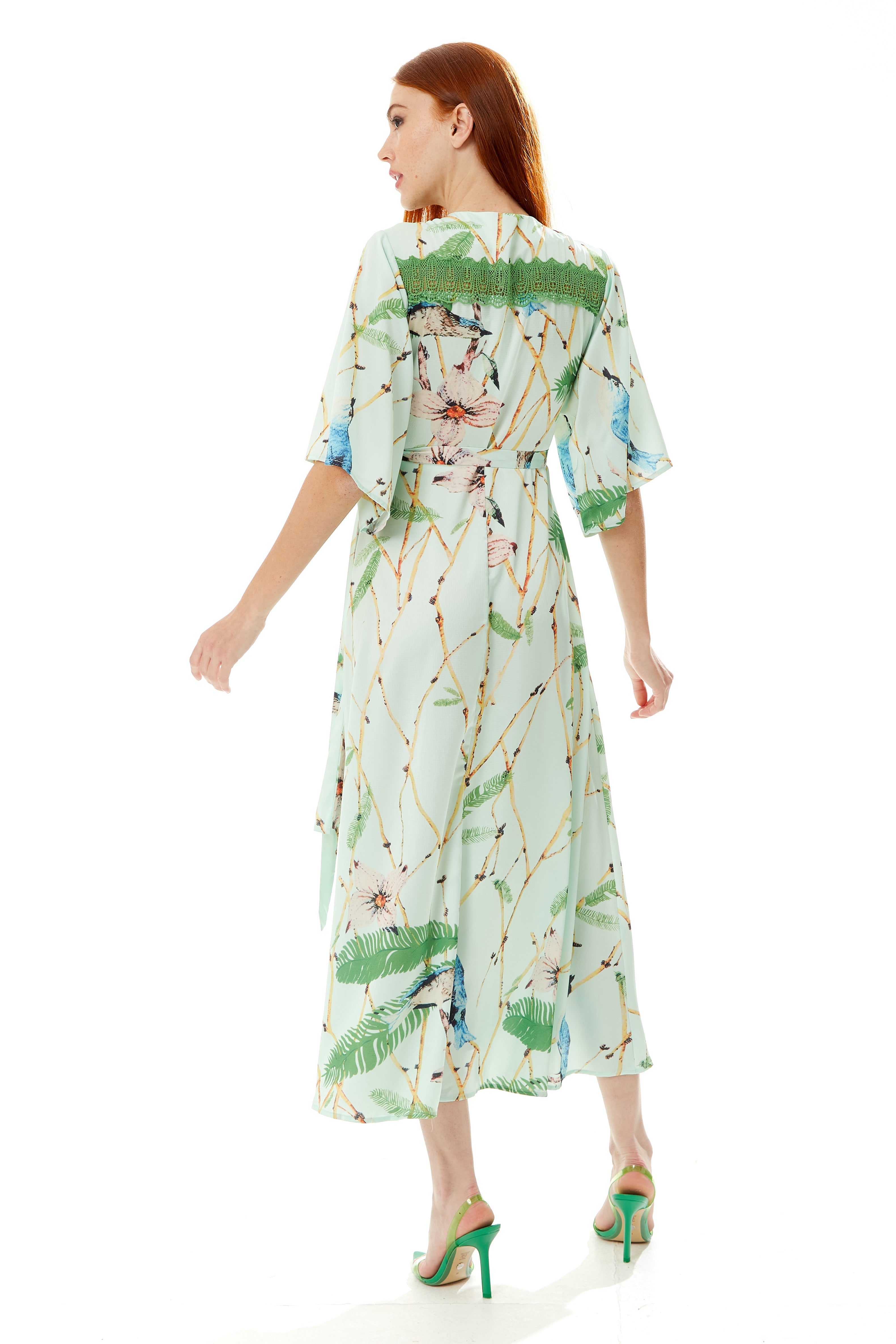 Women's Maxi Dress in Mint Green with V-Neck, Tie Waist, Kimono Sleeves and Green Lace Details - Liquorish