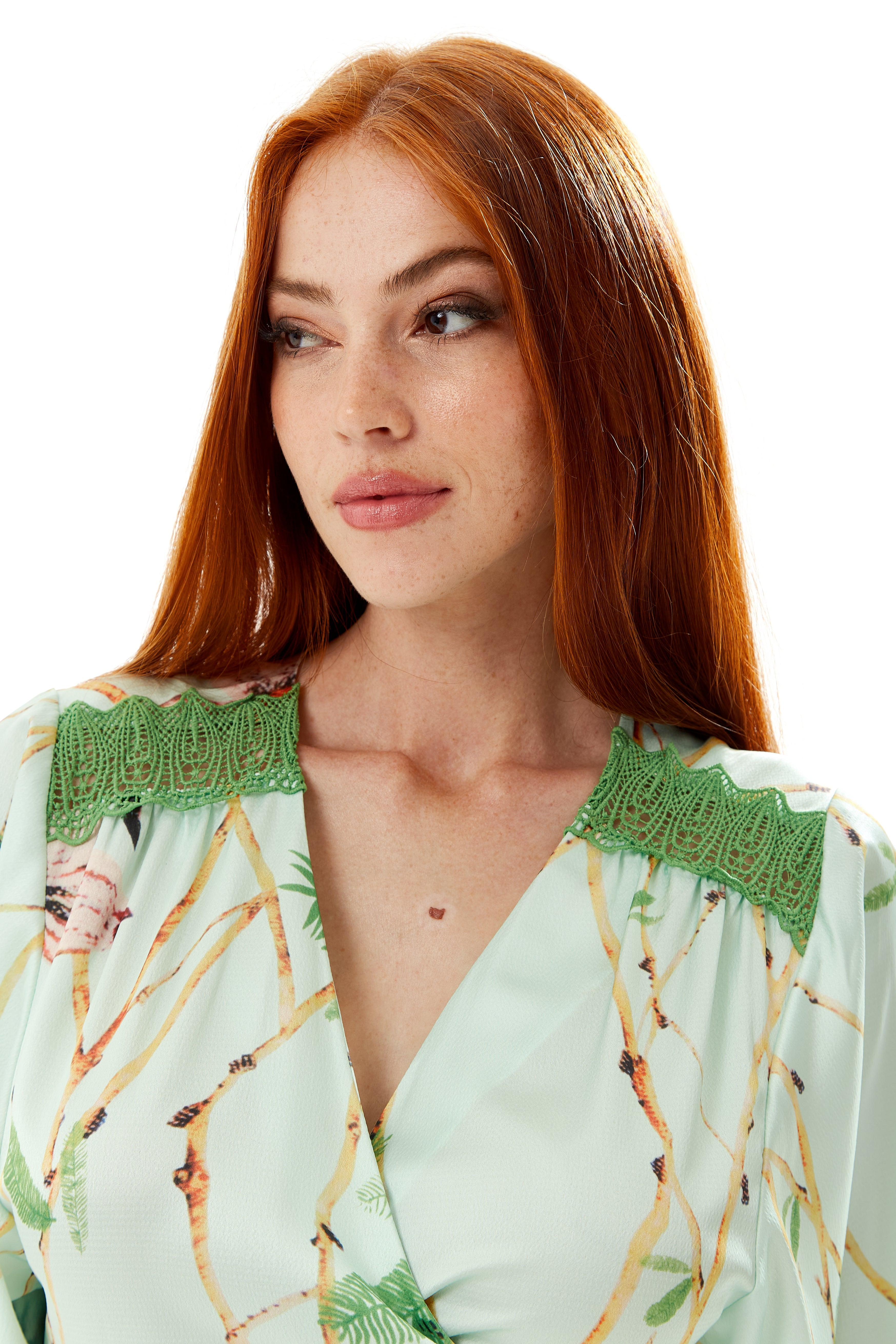 Women's Maxi Dress in Mint Green with V-Neck, Tie Waist, Kimono Sleeves and Green Lace Details - Liquorish