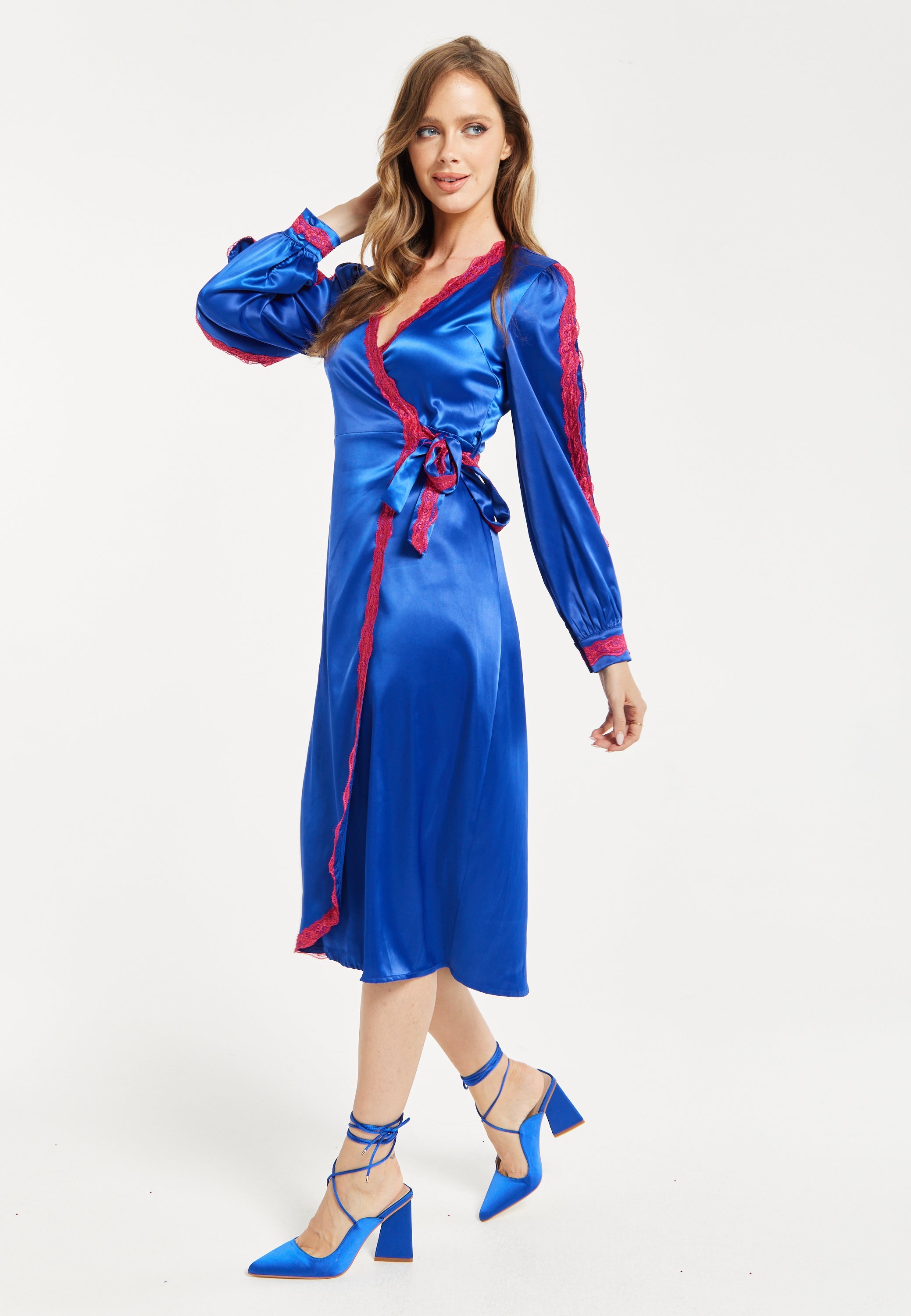 Women's Midi Dress with Long Sleeves in Royal Blue Satin - Elegant Wrap Style by Liquorish