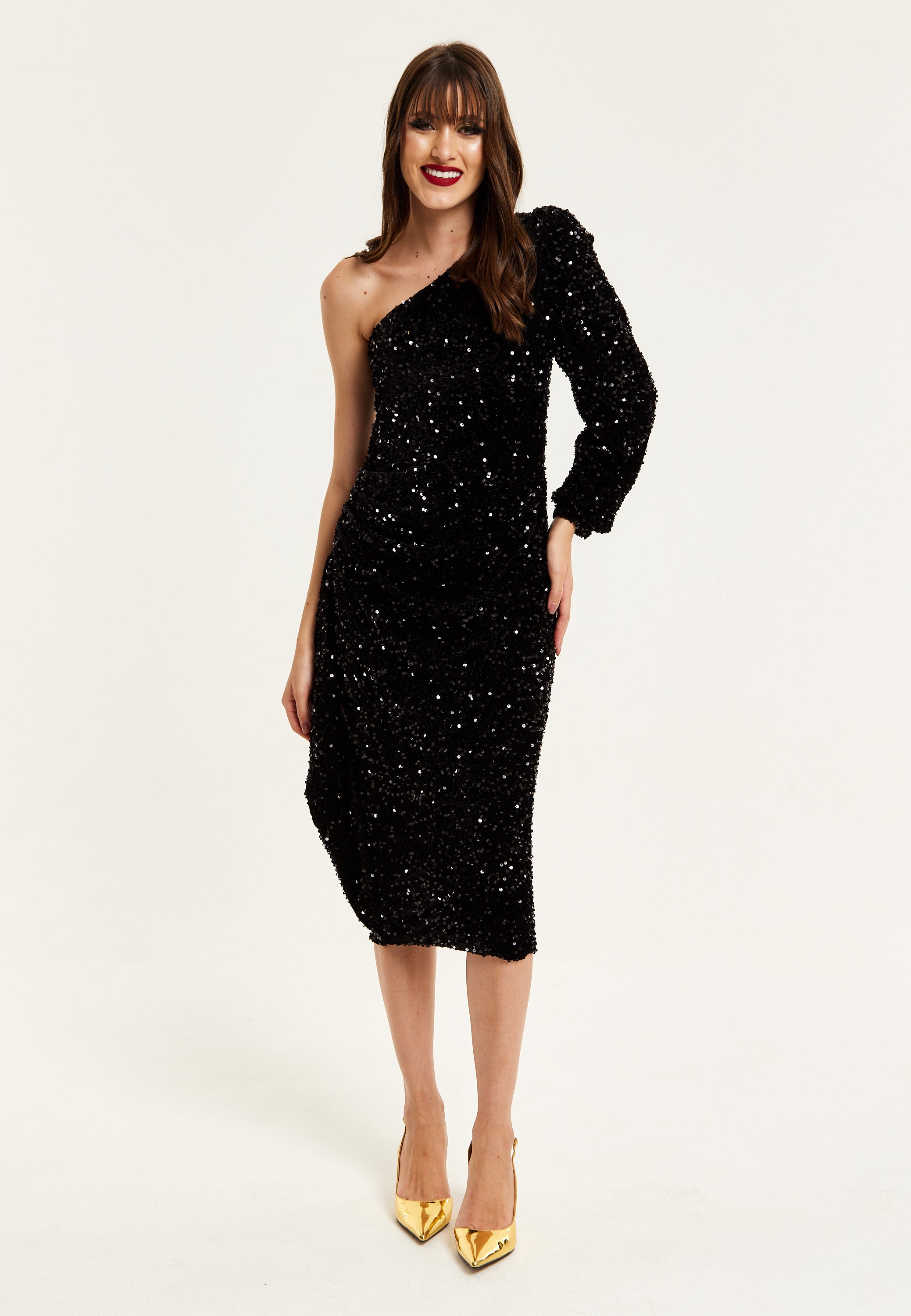 Women's Midi Dress with One Shoulder and Zip-Side in Black Sequin Velvet - Perfect for Any Occasion by Liquorish