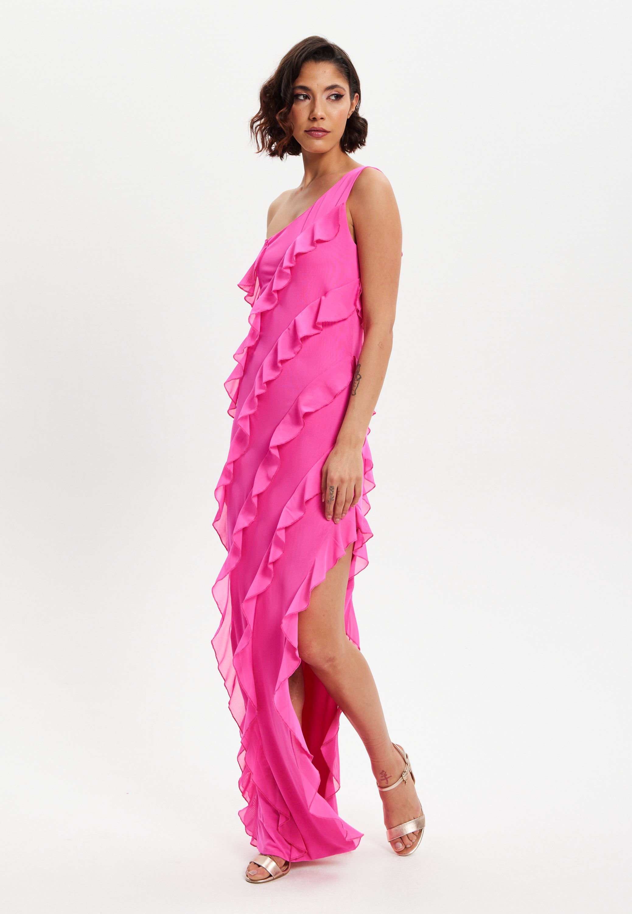 Women's Maxi Dress with One Shoulder Design and Diagonal Ruffle Detail in Pink - Liquorish