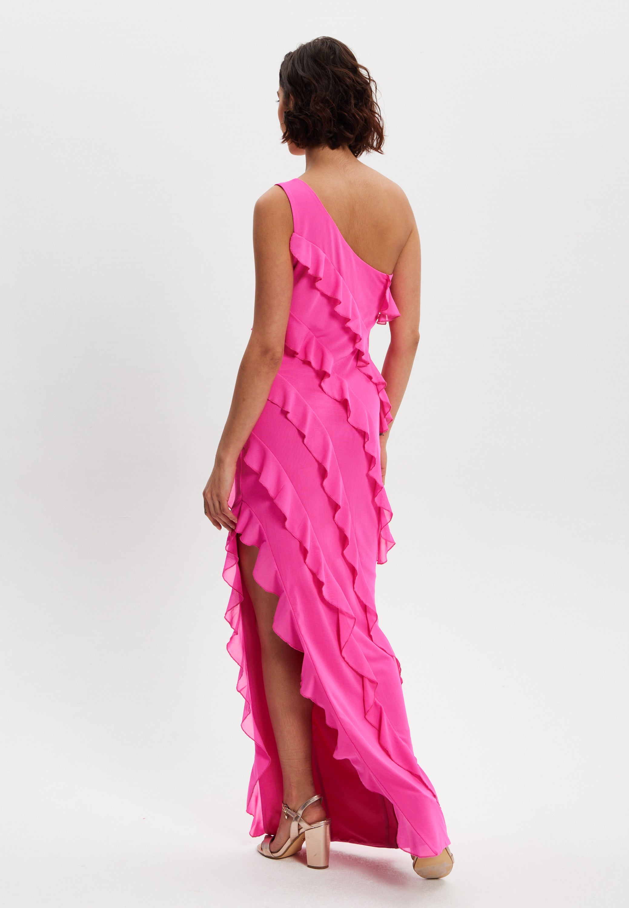 Women's Maxi Dress with One Shoulder Design and Diagonal Ruffle Detail in Pink - Liquorish