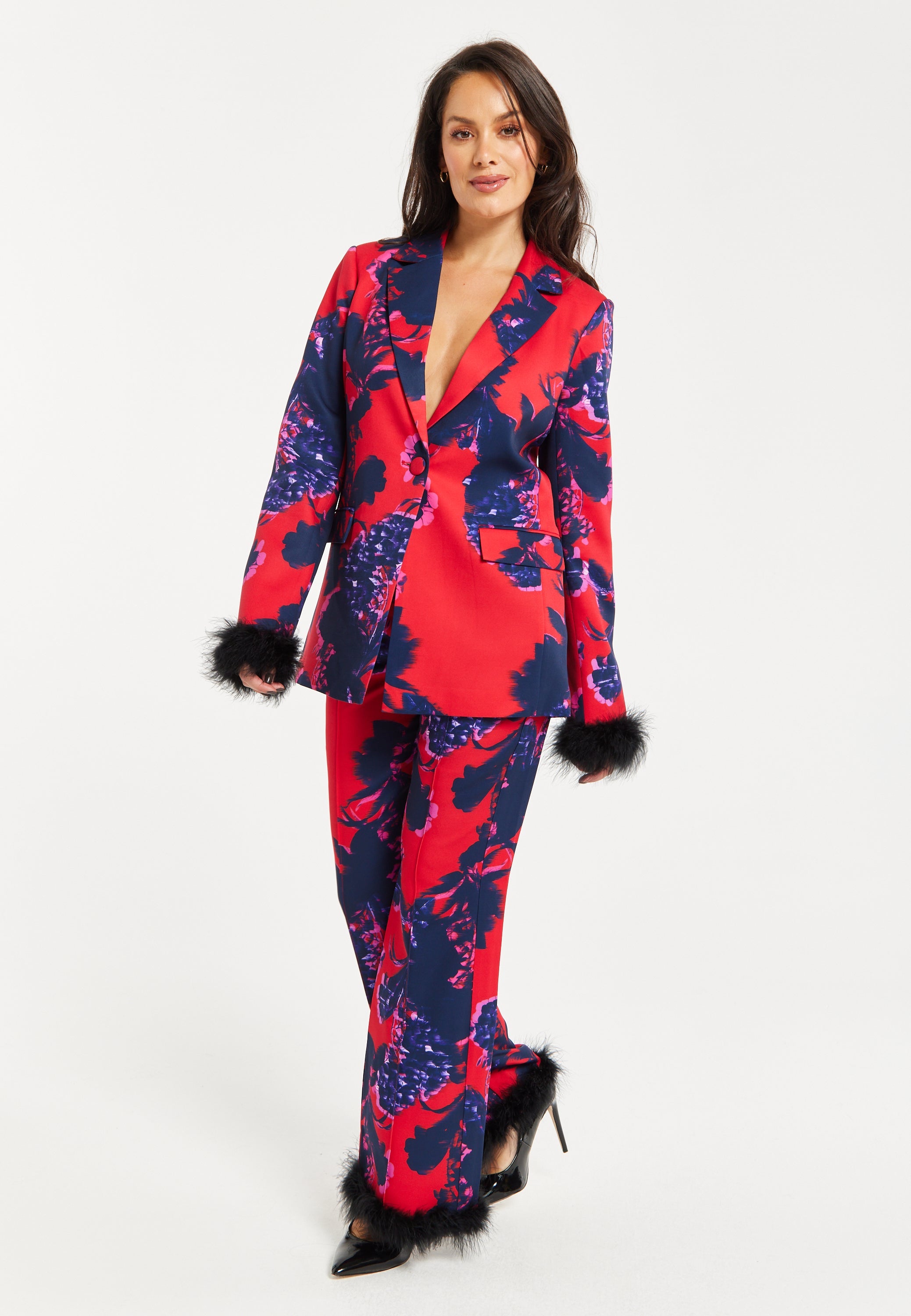 Women's Floral Print Blazer with Faux-Fur Cuffs and Fluffy Trim - Regular Fit by Liquorish