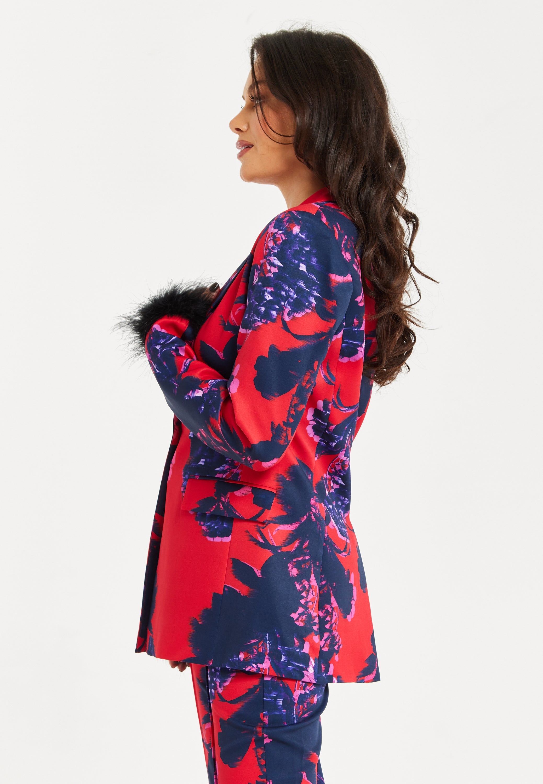 Women's Floral Print Blazer with Faux-Fur Cuffs and Fluffy Trim - Regular Fit by Liquorish