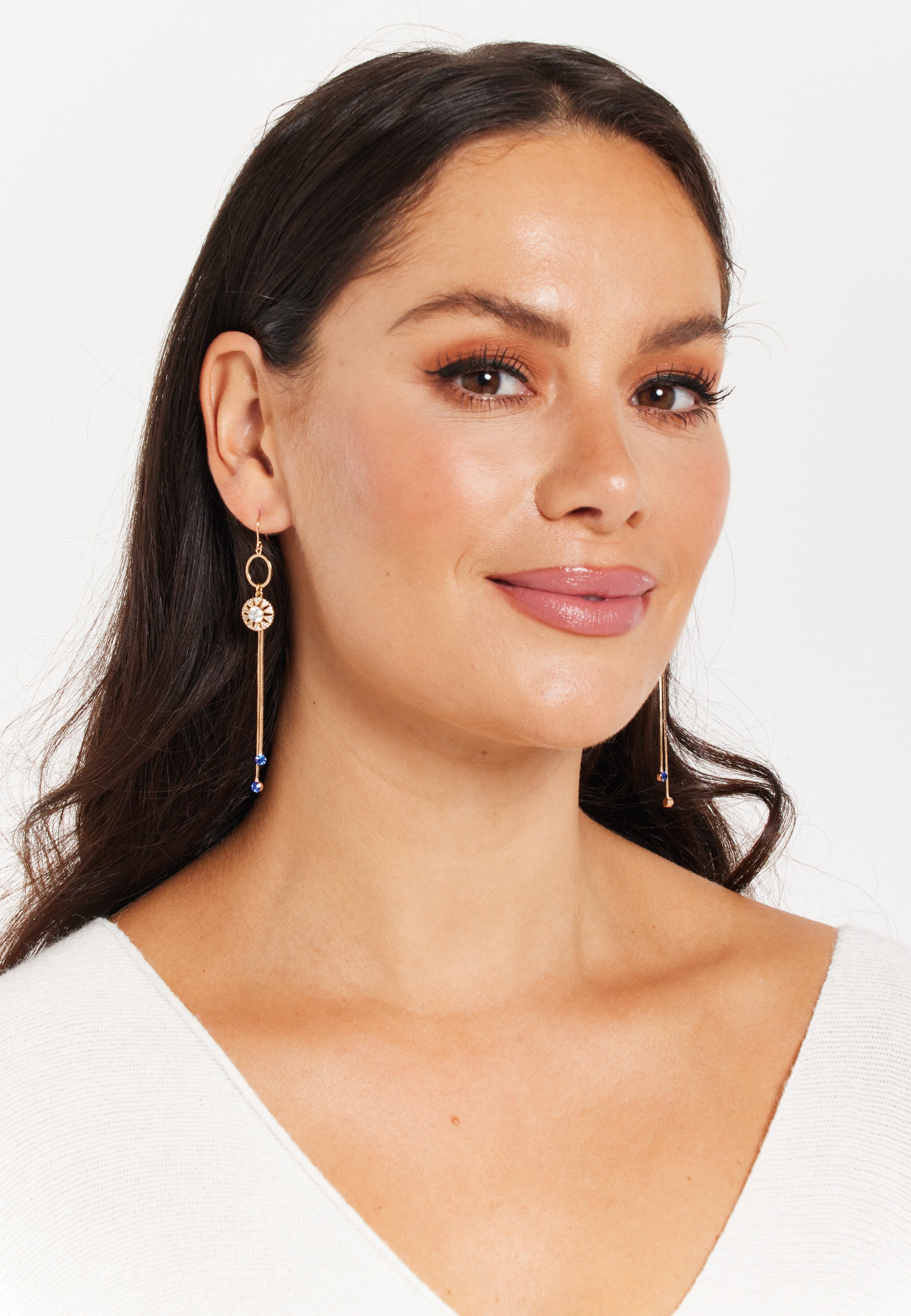 Diamond Gold Tassel Blue Long Drop Crystal Earrings