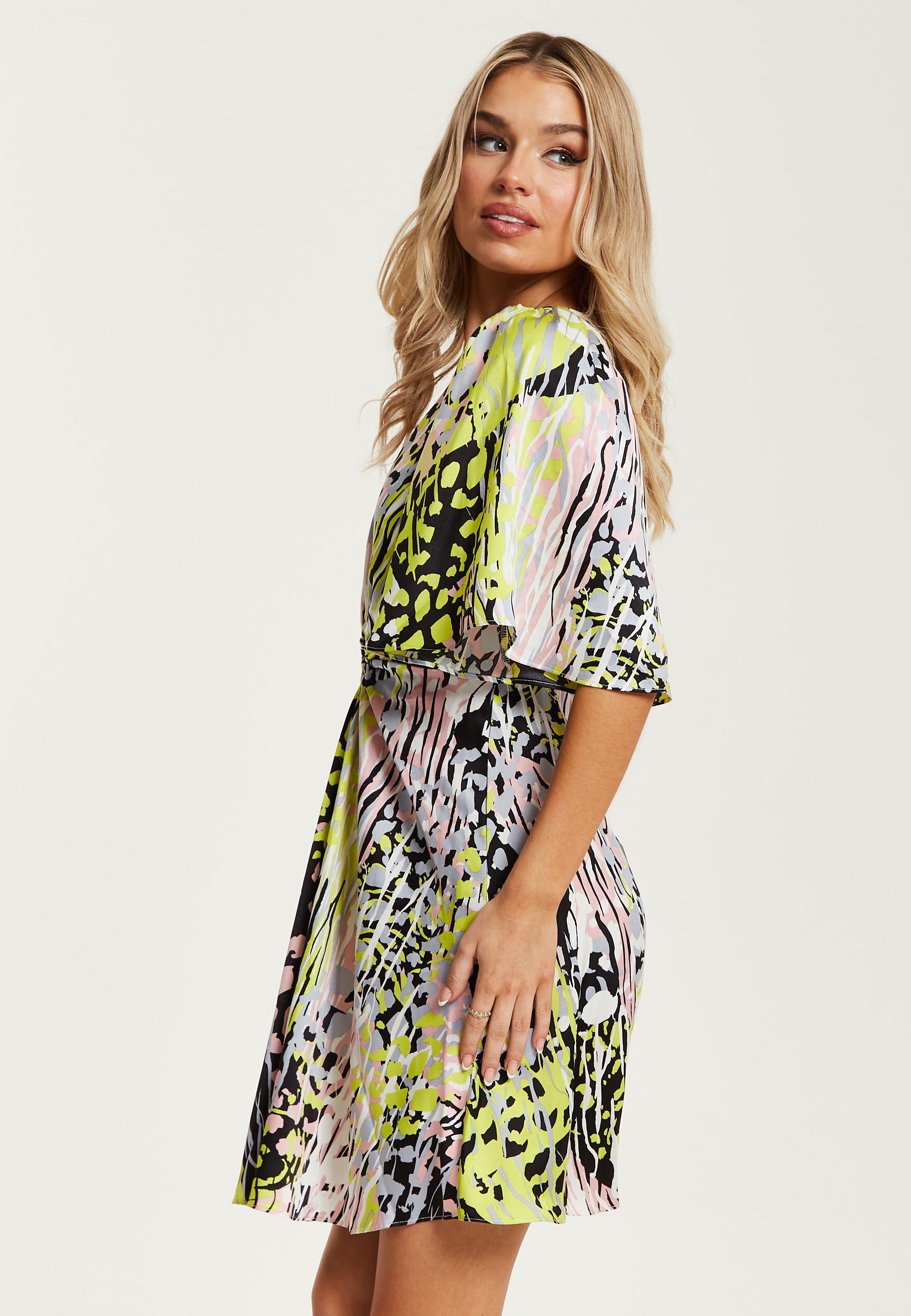 Women's Mini Dress with Vibrant Multicolour Abstract Print, V-Neck, Angel Sleeves, Cut-Out Front - Liquorish