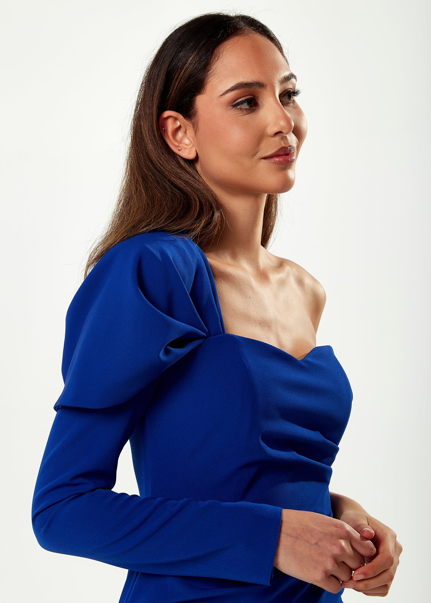 Women's Mini Dress in Royal Blue with Asymmetric Design and One Full-Length Sleeve - Liquorish