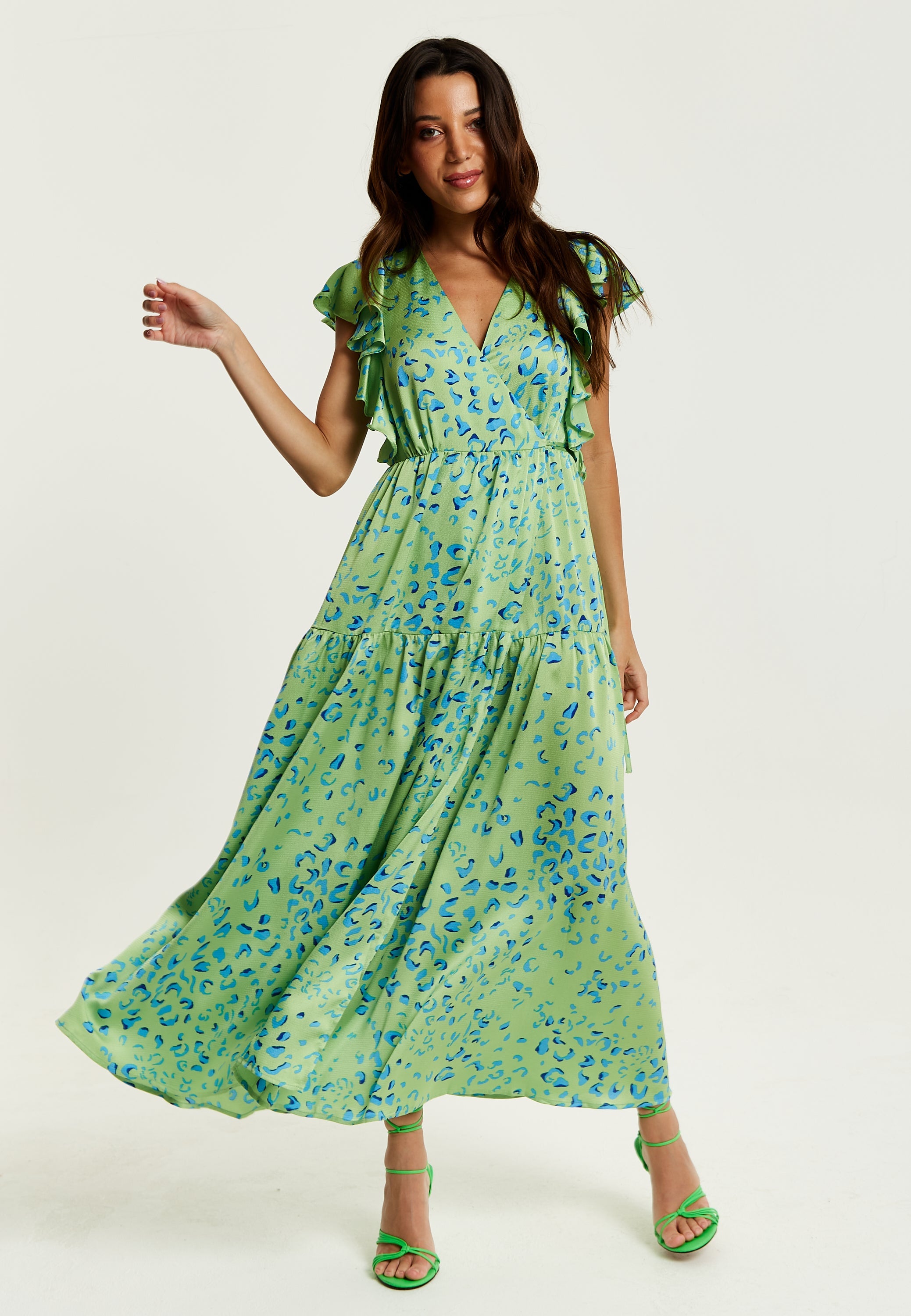 Women's Maxi Dress in Sage with V-Neck and Flouncy Sleeves - Liquorish
