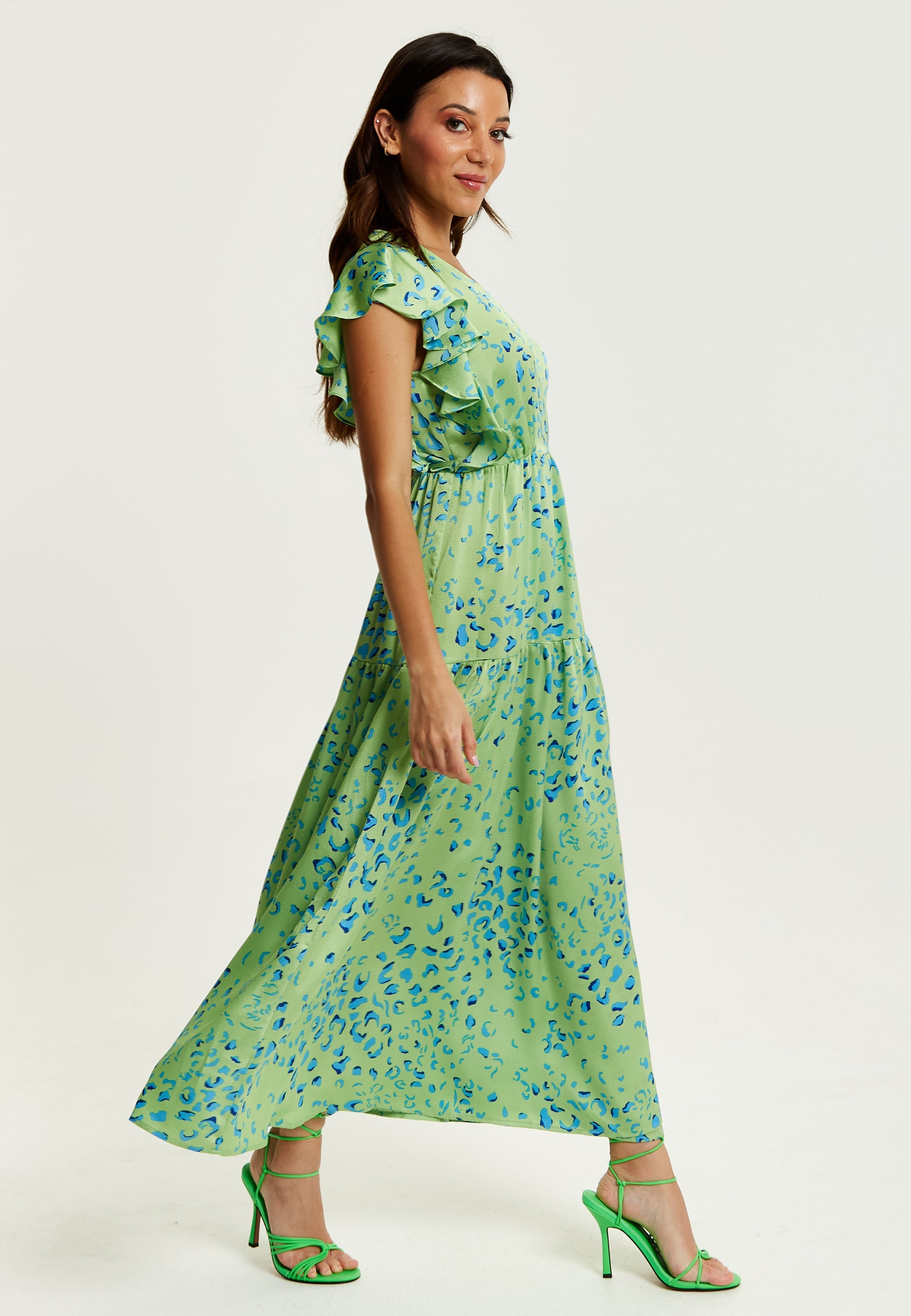 Women's Maxi Dress in Sage with V-Neck and Flouncy Sleeves - Liquorish