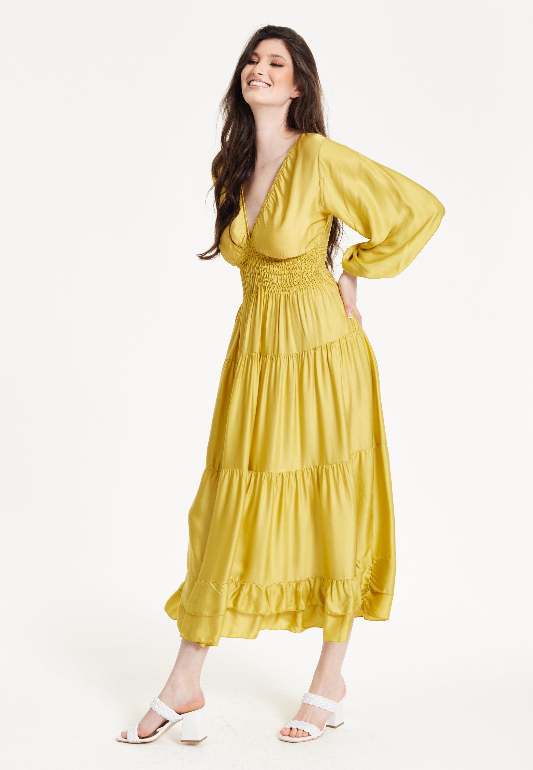 Yellow Smocked Waist Midi Dress