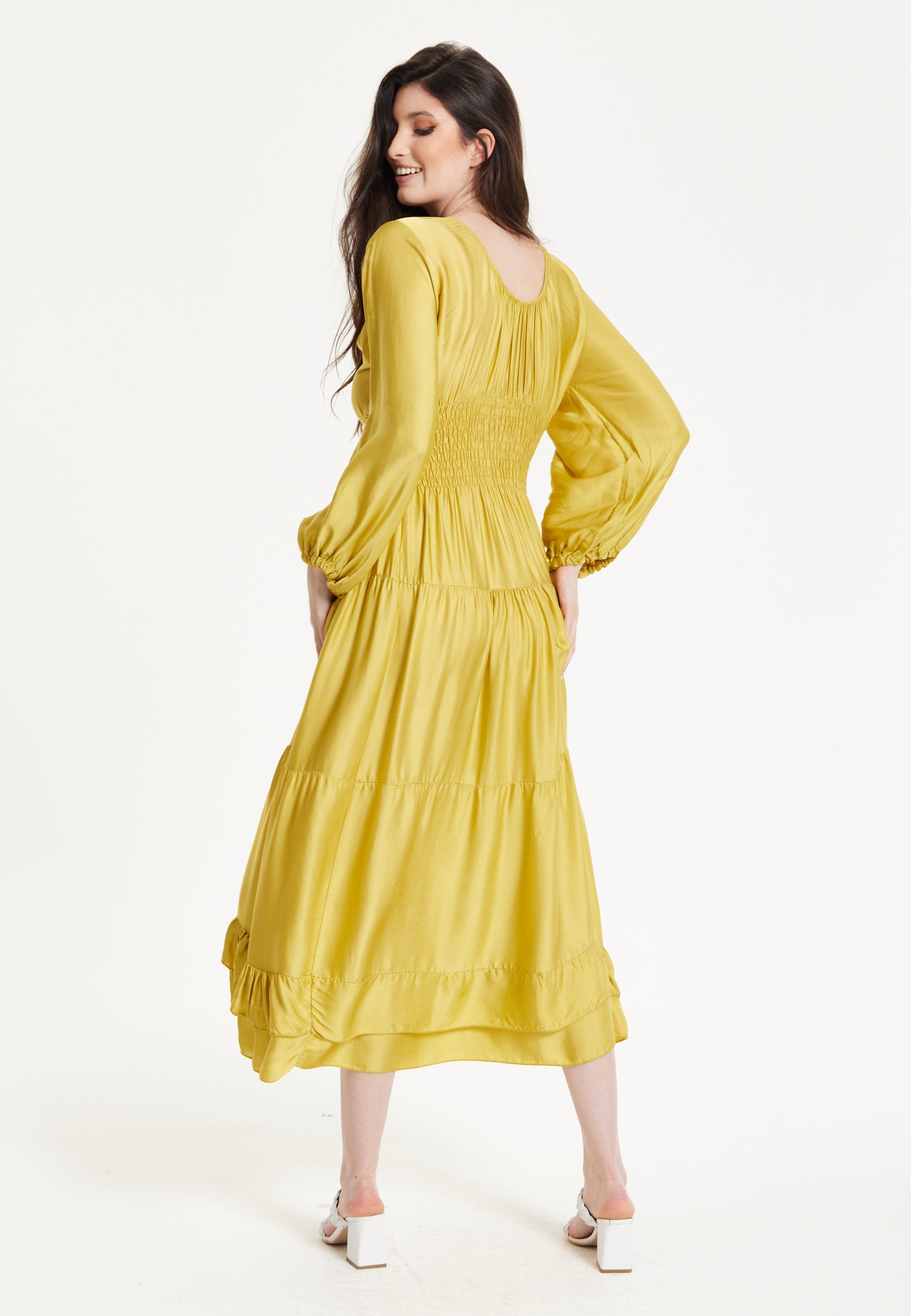 Yellow Smocked Waist Midi Dress