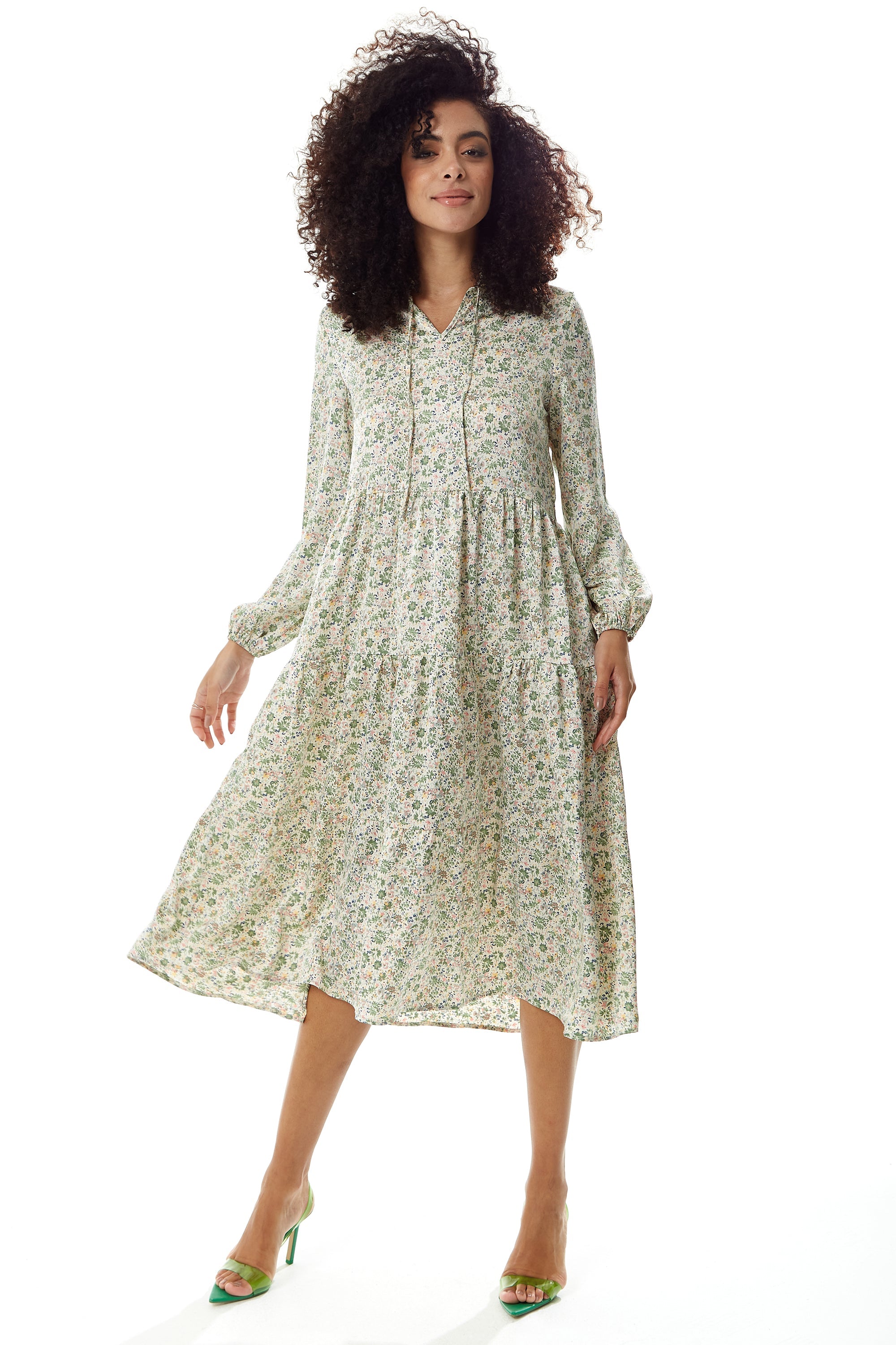 Women's Midi Dress in Floral Print with Long Sleeves and Tie Neck - Relaxed Fit Smock Style by Liquorish