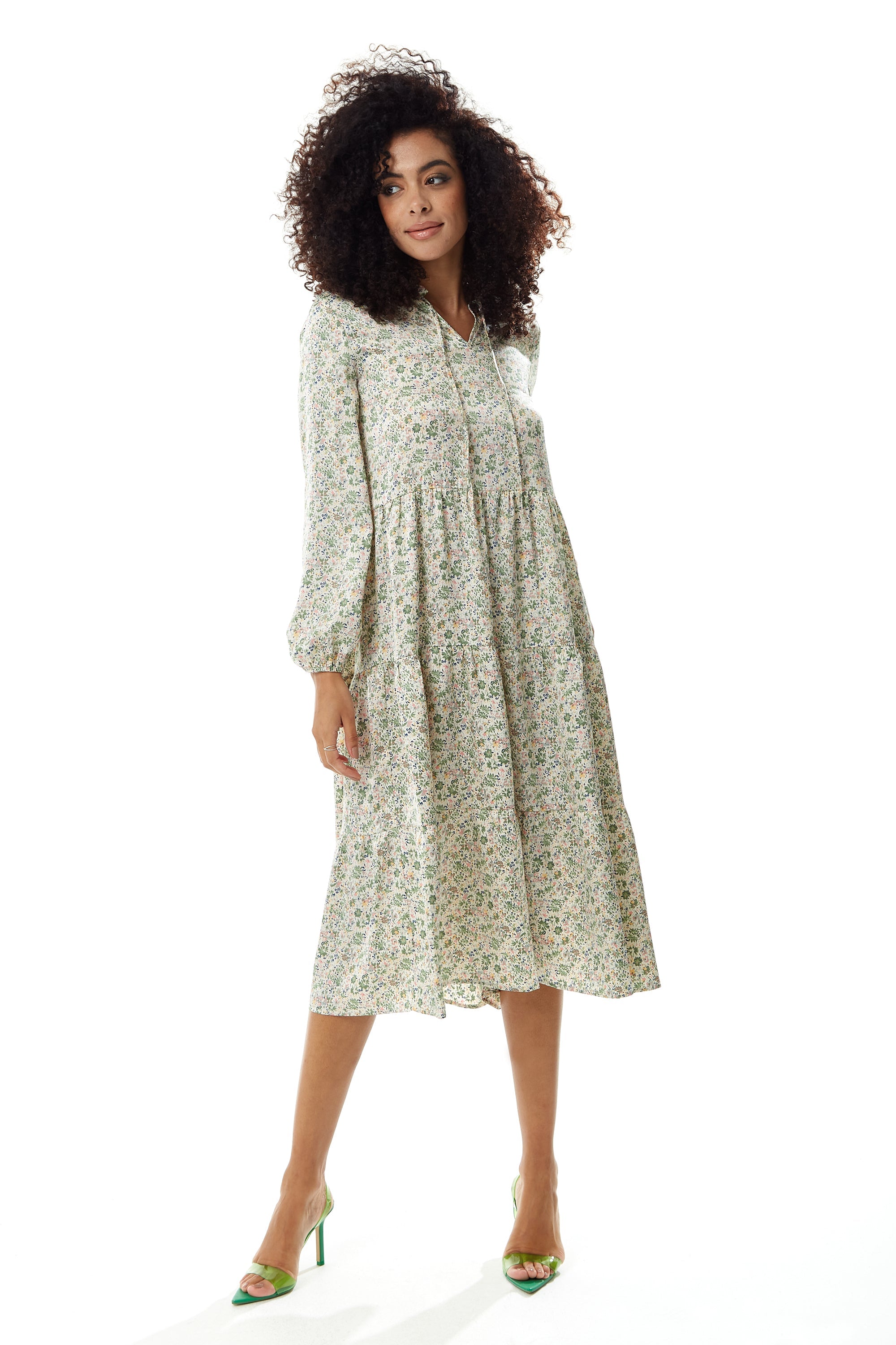 Women's Midi Dress in Floral Print with Long Sleeves and Tie Neck - Relaxed Fit Smock Style by Liquorish