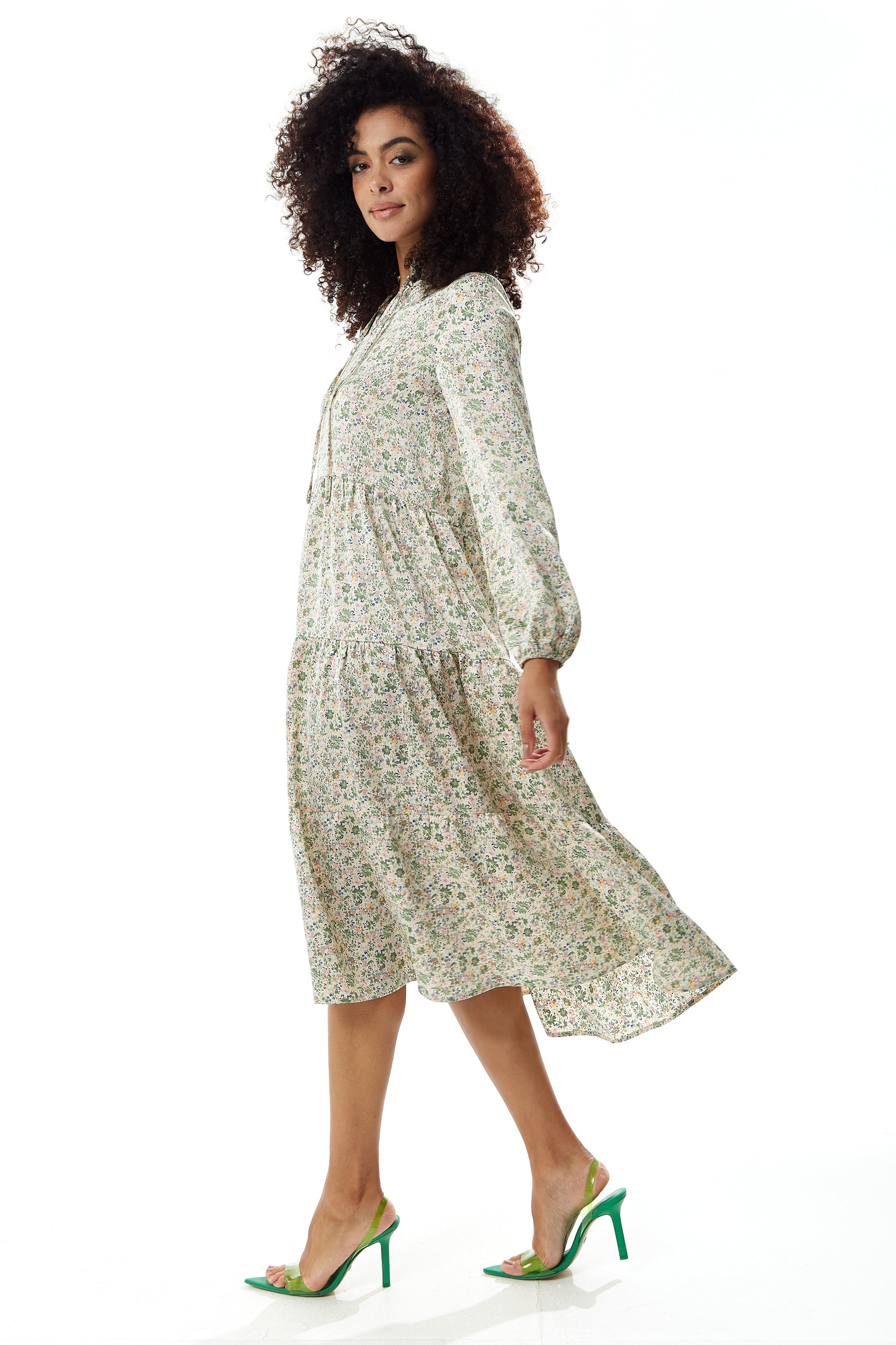 Women's Midi Dress in Floral Print with Long Sleeves and Tie Neck - Relaxed Fit Smock Style by Liquorish