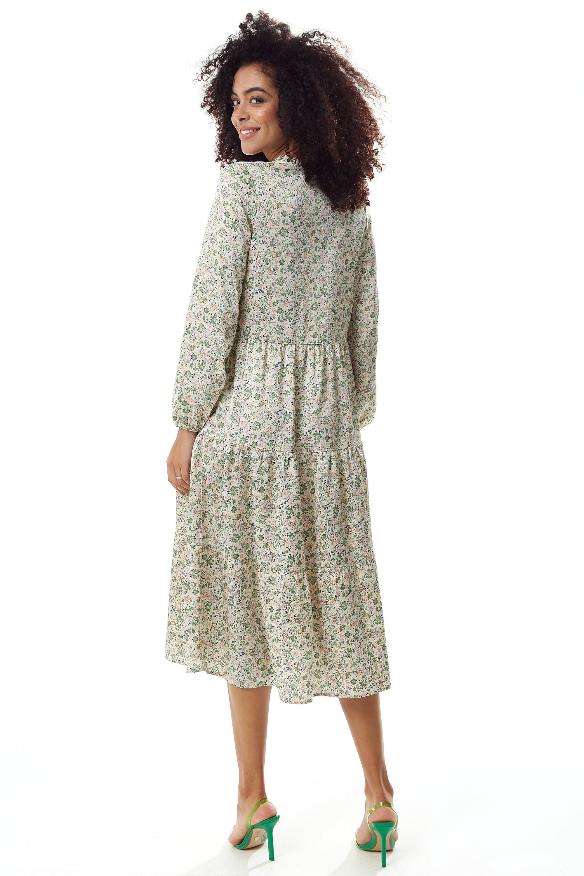 Women's Midi Dress in Floral Print with Long Sleeves and Tie Neck - Relaxed Fit Smock Style by Liquorish