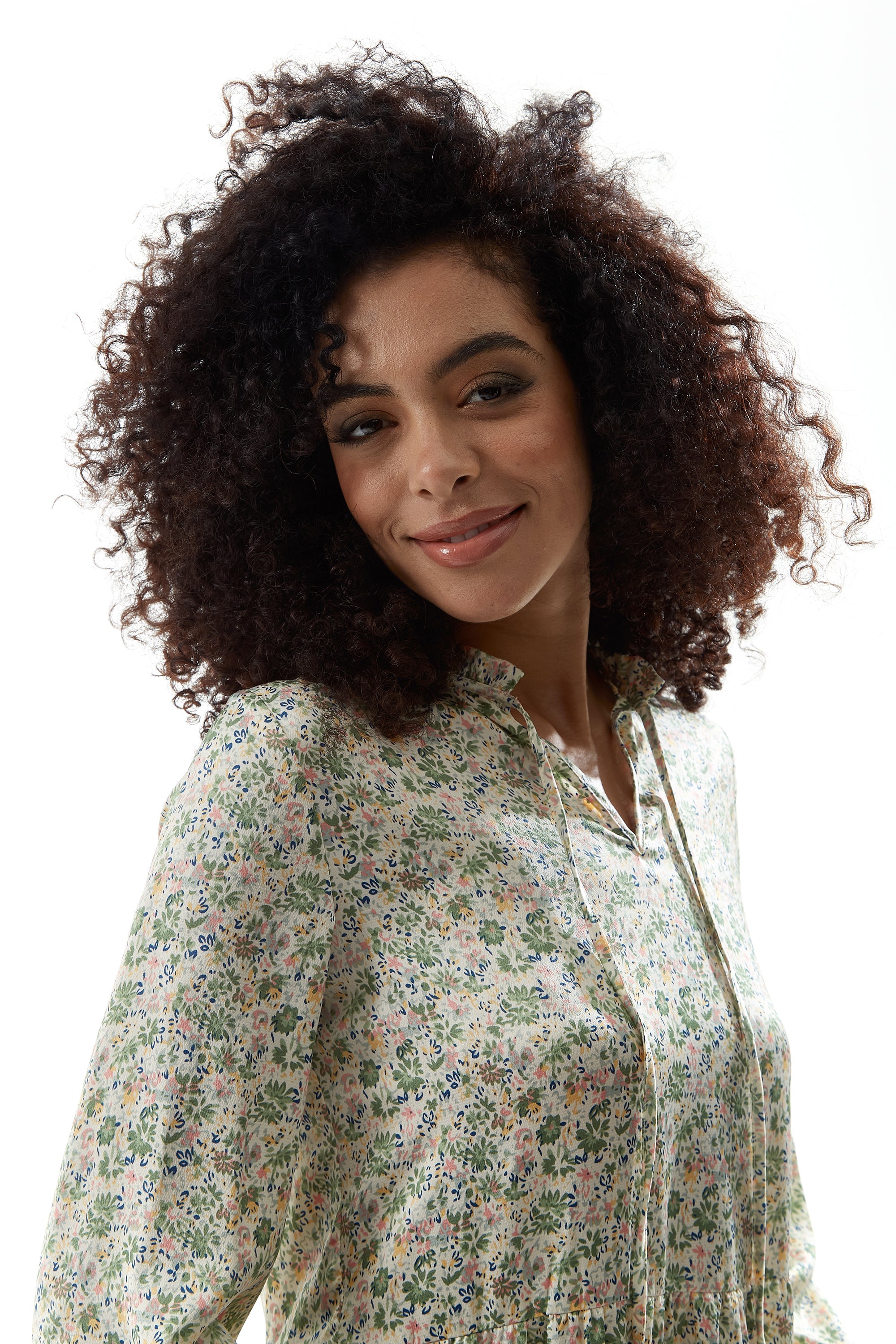 Women's Midi Dress in Floral Print with Long Sleeves and Tie Neck - Relaxed Fit Smock Style by Liquorish